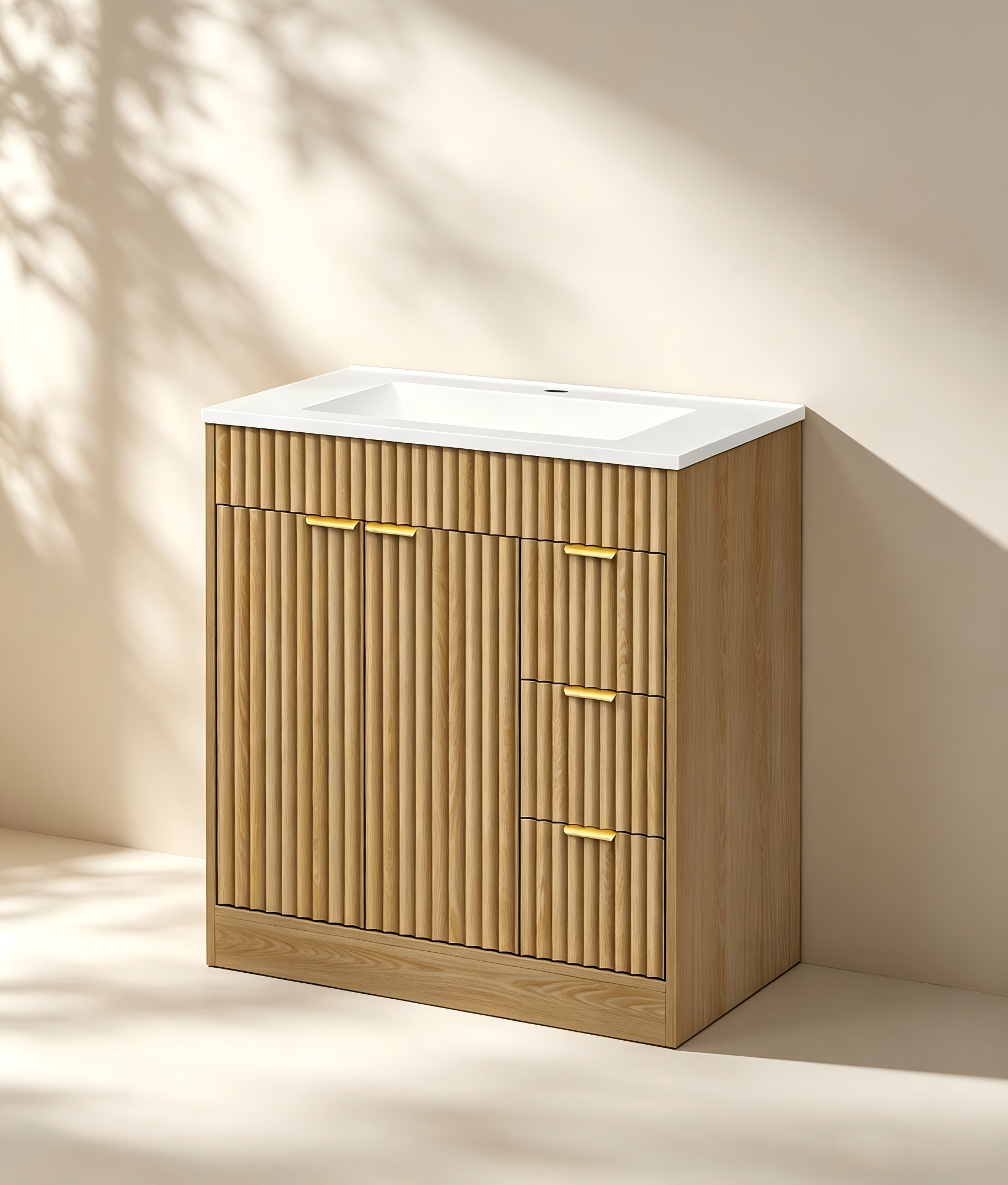 Modern fluted bathroom vanity with cabinet storage, drawers and ceramic basin