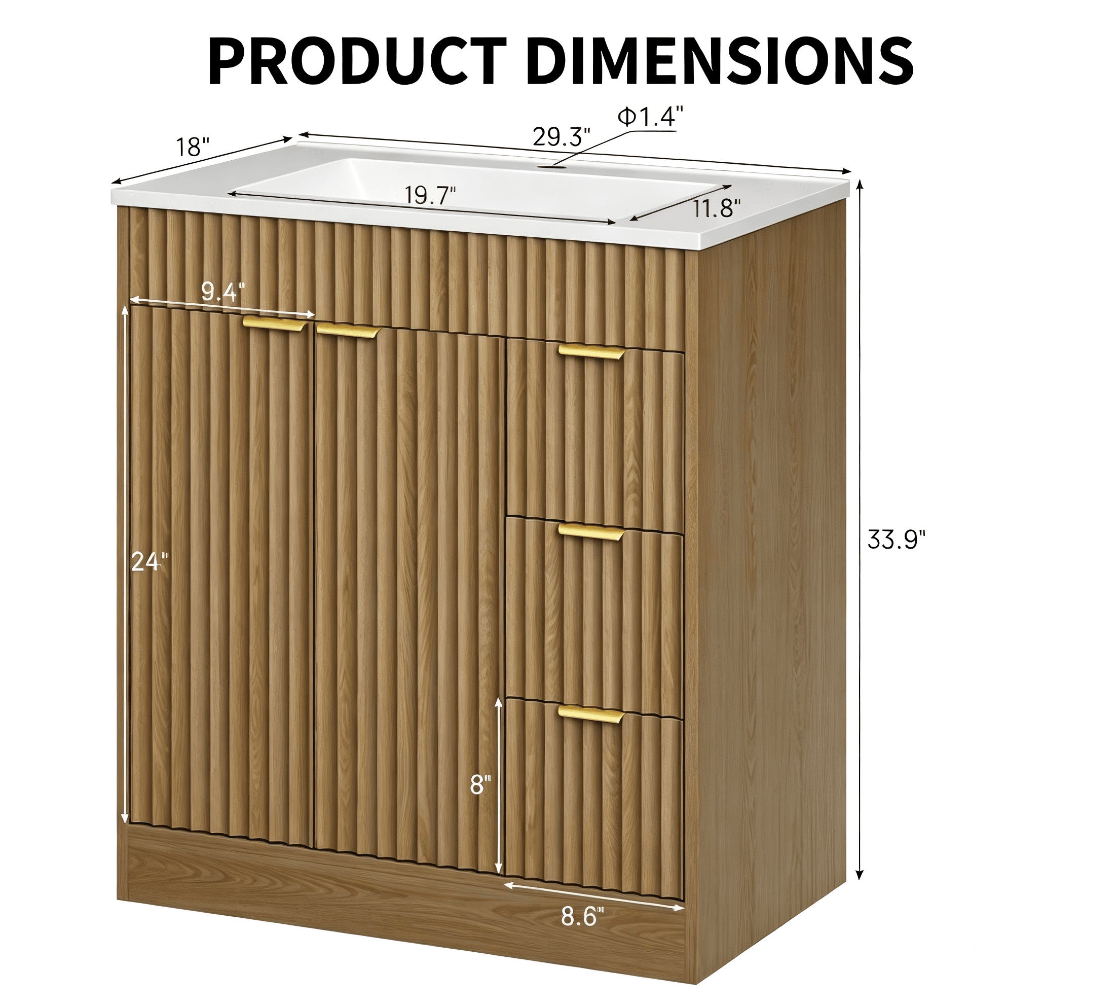 BR001 Modern Fluted Bathroom Vanity with Drawers product dimensions