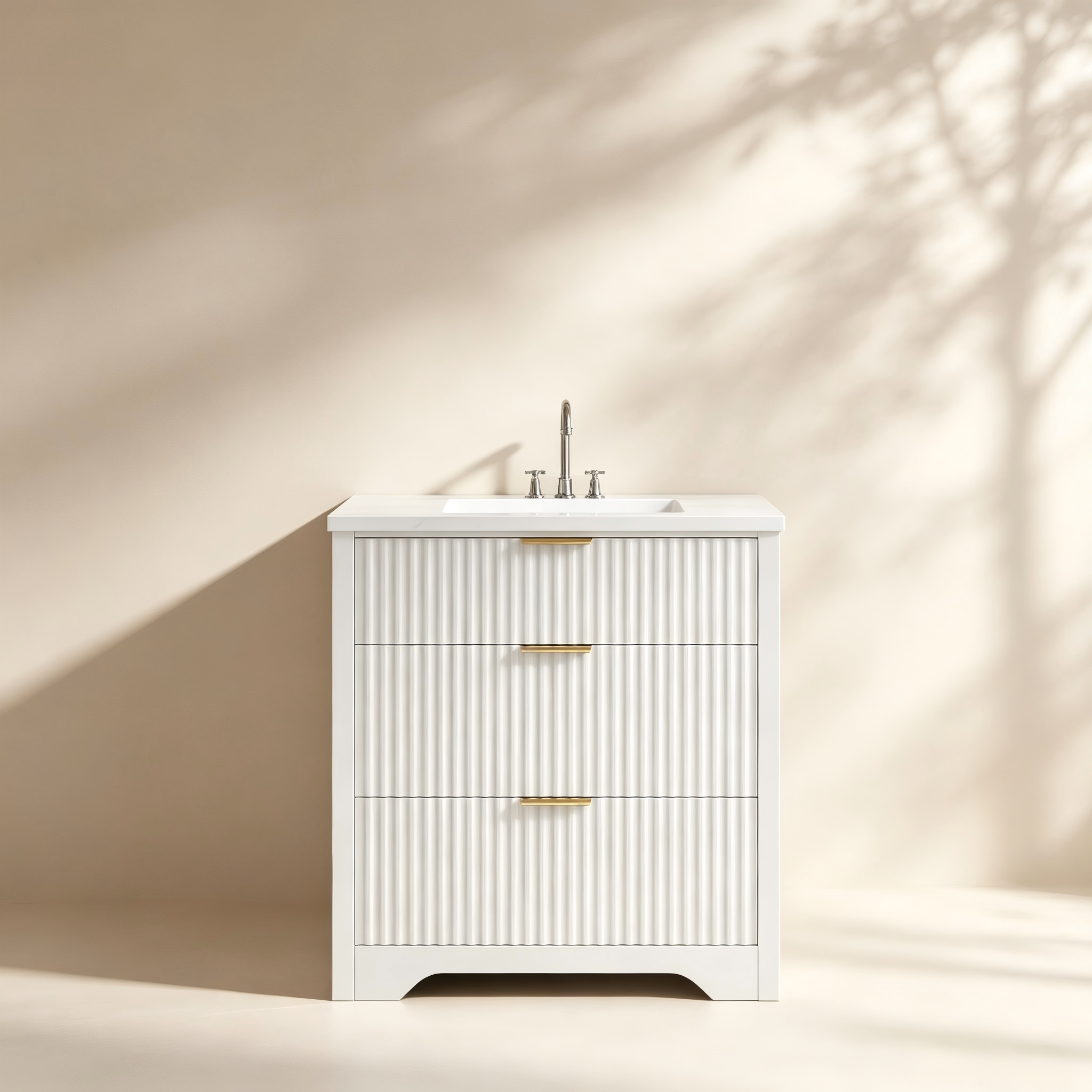 Compact white fluted two-drawer bathroom vanity with ceramic basin