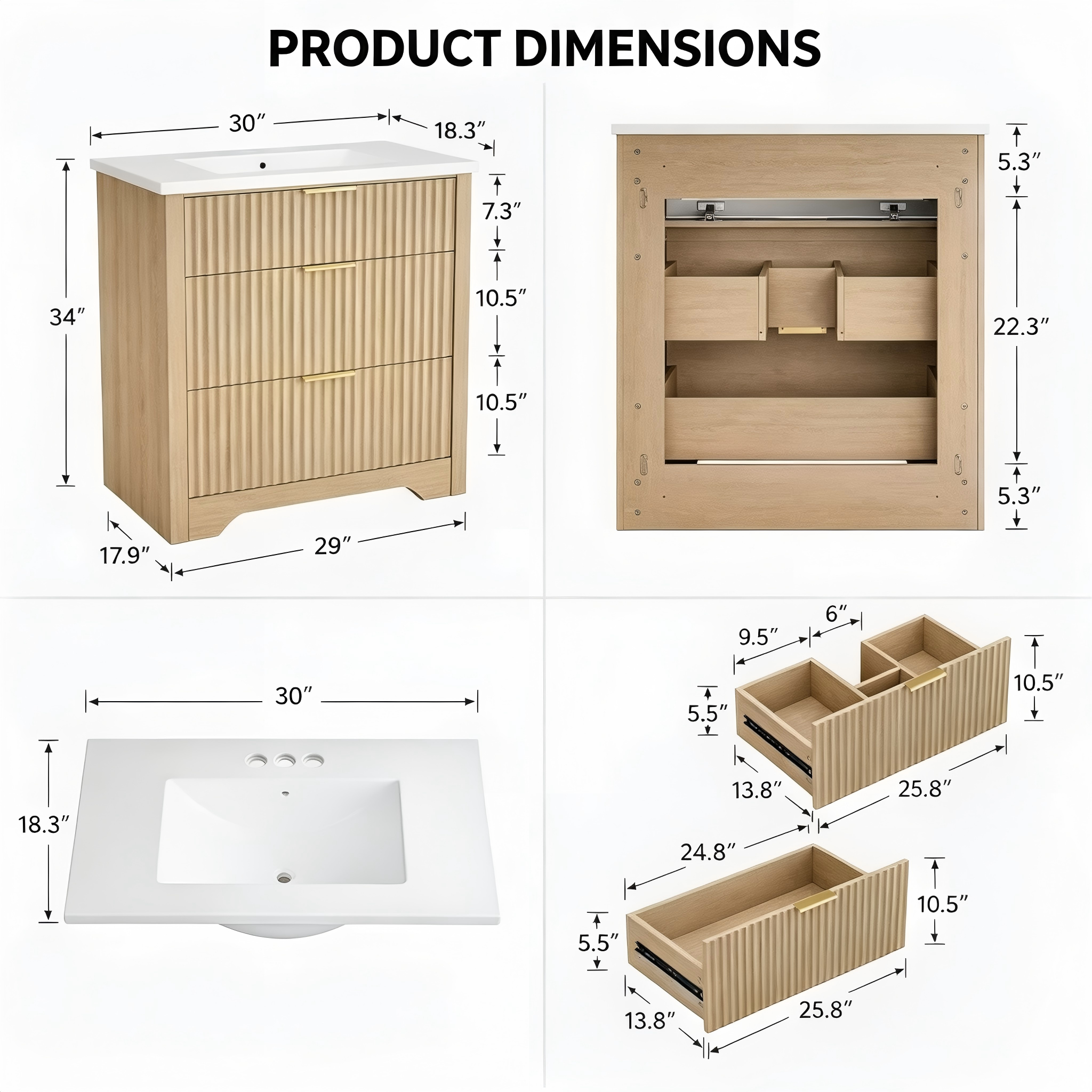BR003 Compact Fluted Two-Drawer Bathroom Vanity product dimensions