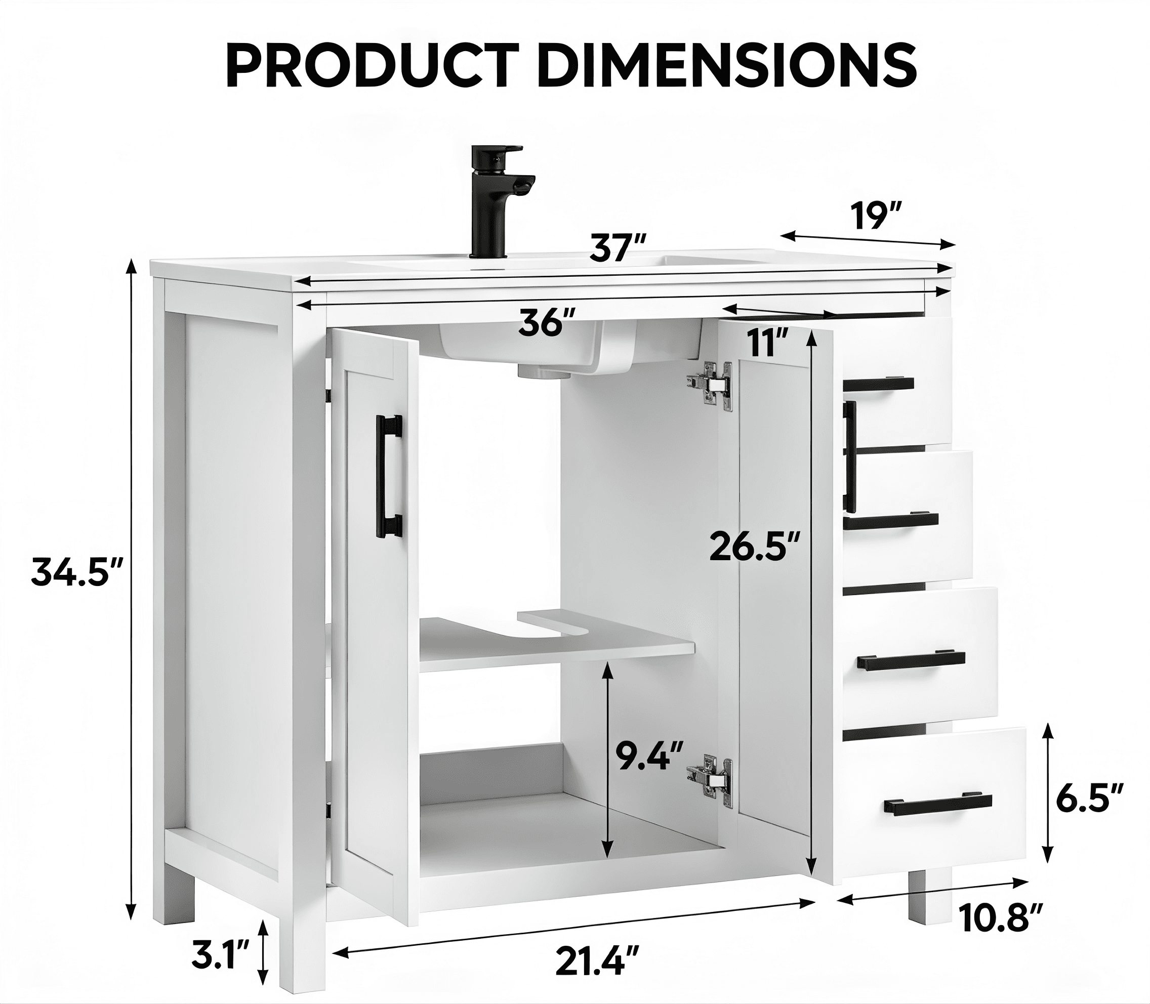 BR005 Freestanding Bathroom Vanity with Doors and Drawers product dimensions
