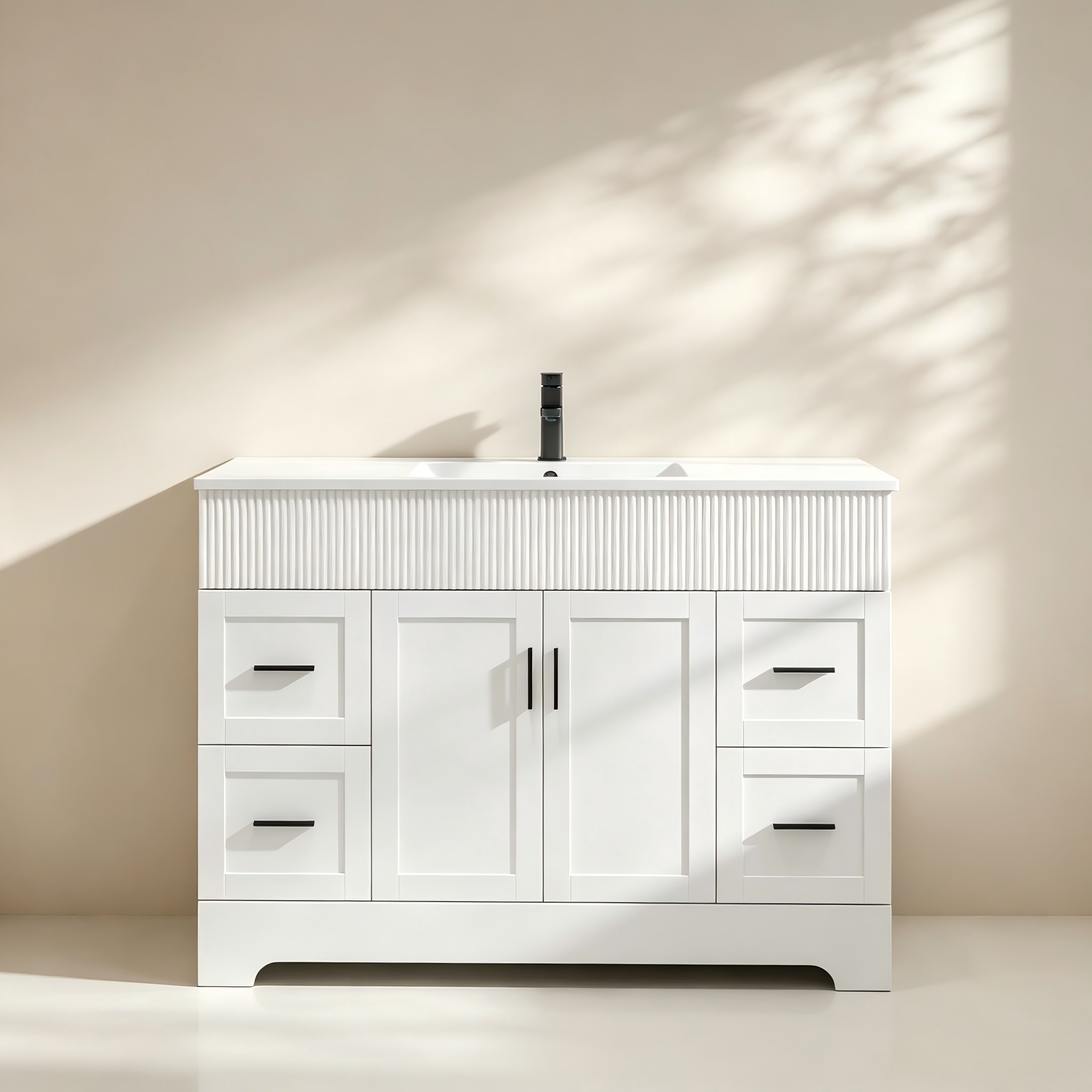 Modern bathroom vanity with cabinet and drawer storage and ceramic basin