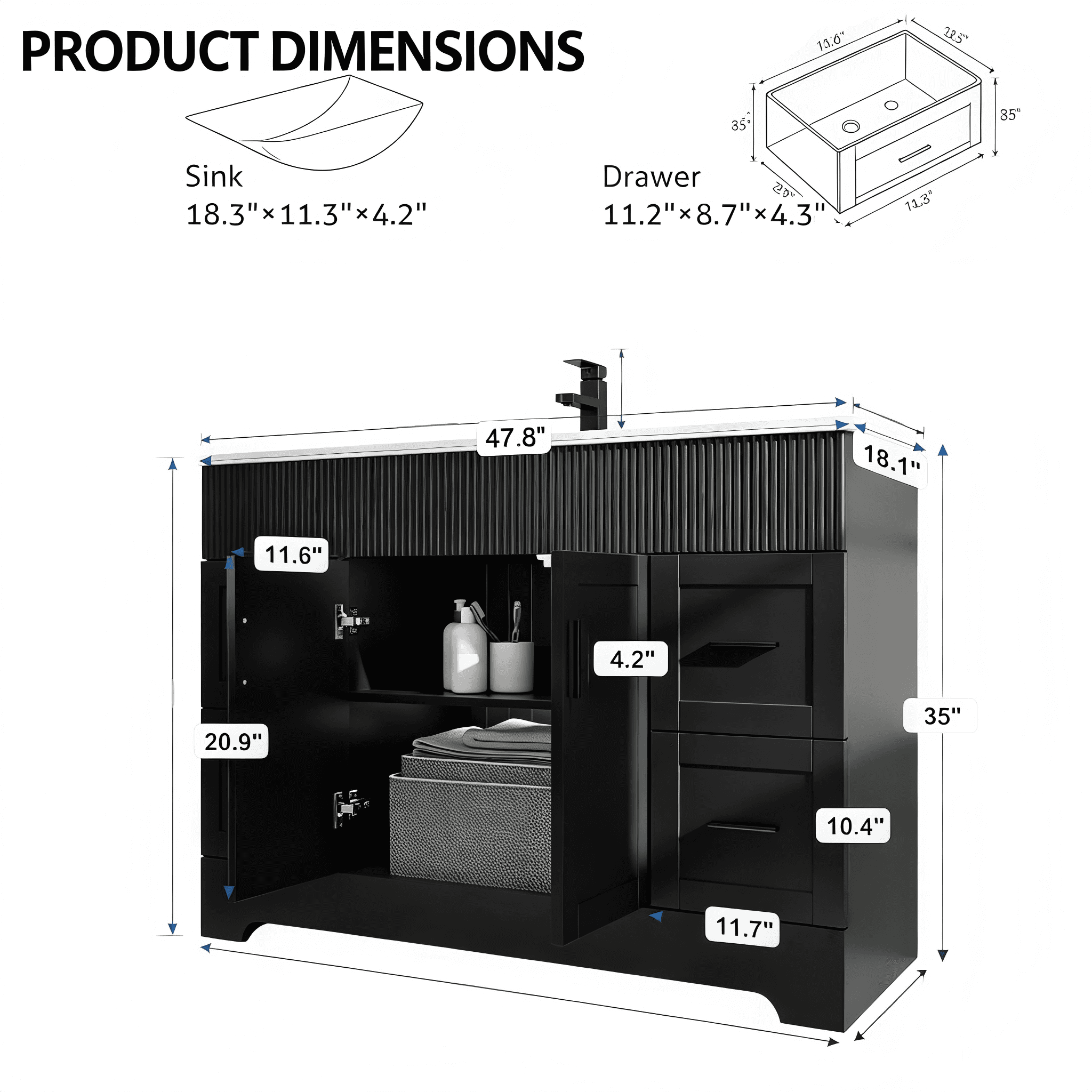 BR006 Modern Bathroom Vanity with Cabinet and Drawer Storage product dimensions