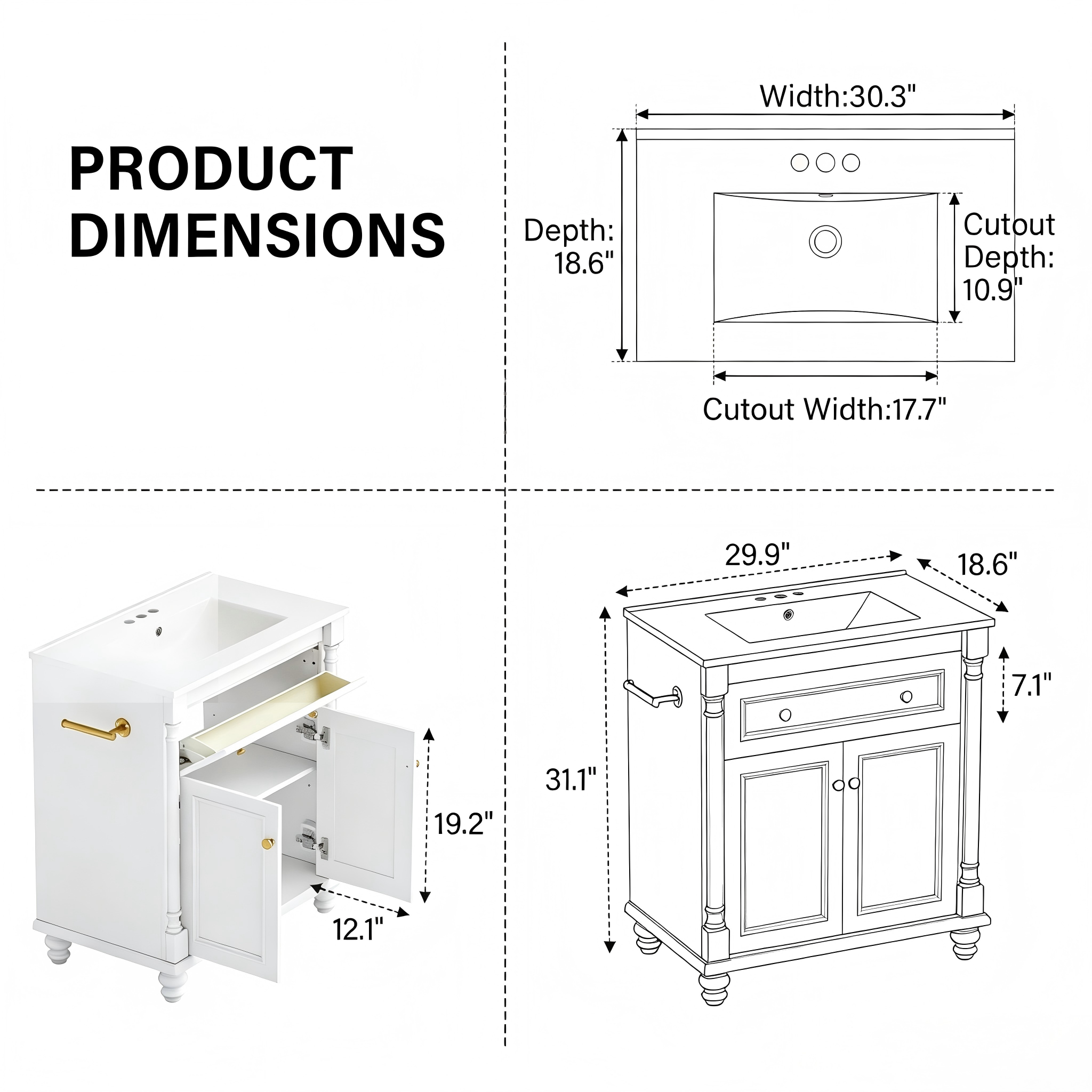 BR007 Traditional Bathroom Vanity with Drawer and Cabinet product dimensions