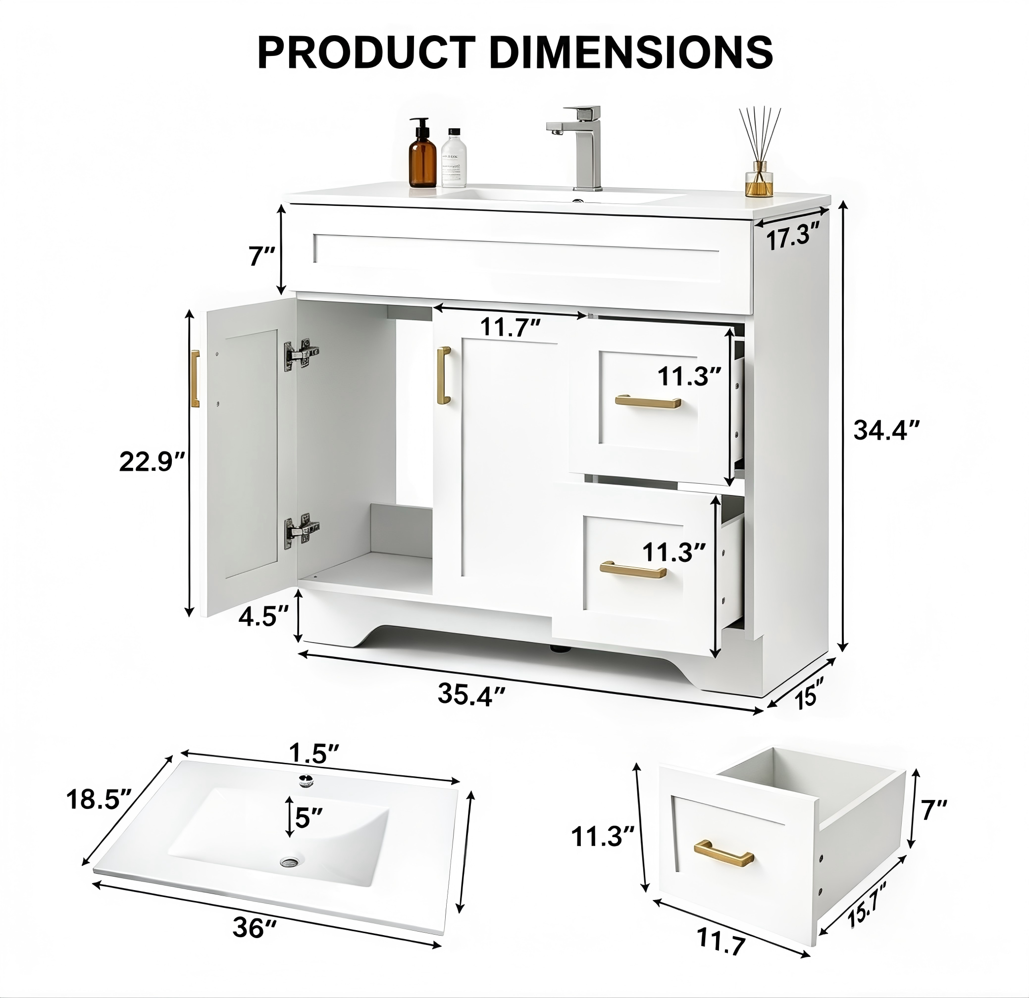 BR008 Modern Bathroom Vanity with Mixed Storage product dimensions