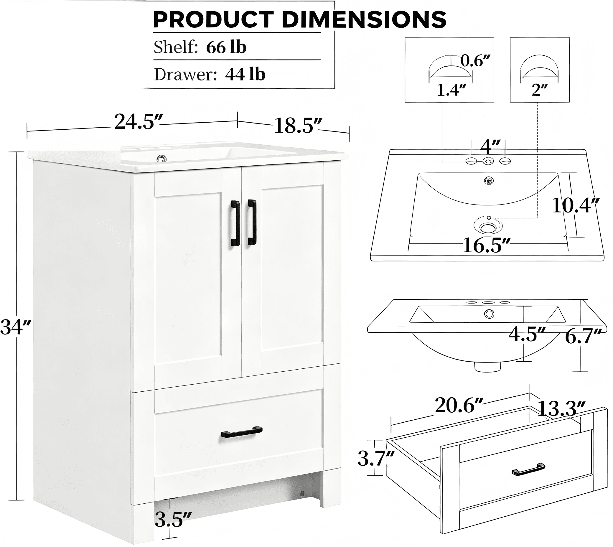 BR009 Compact Bathroom Vanity with Bottom Drawer product dimensions