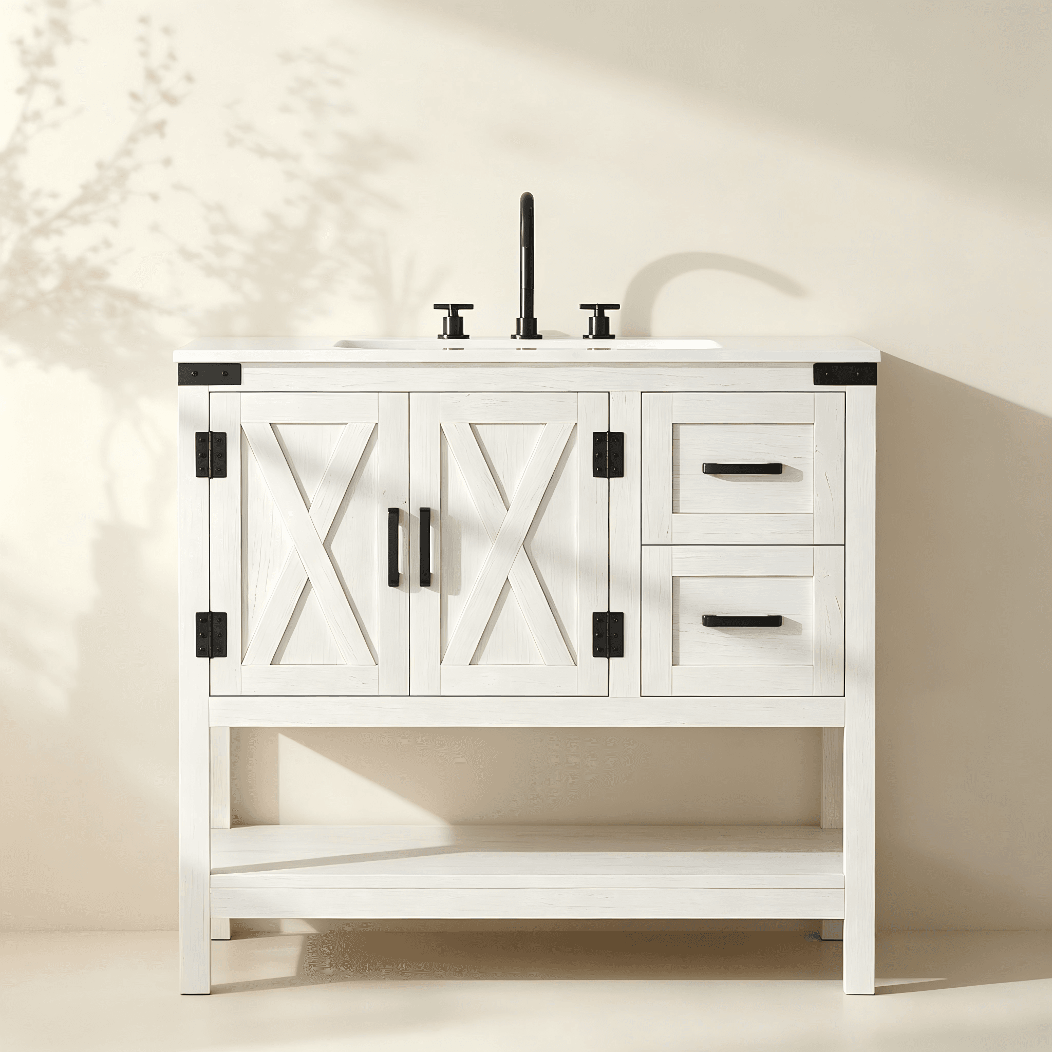 Farmhouse Bathroom Vanity with Drawers and Open Shelf thumbnail view 1