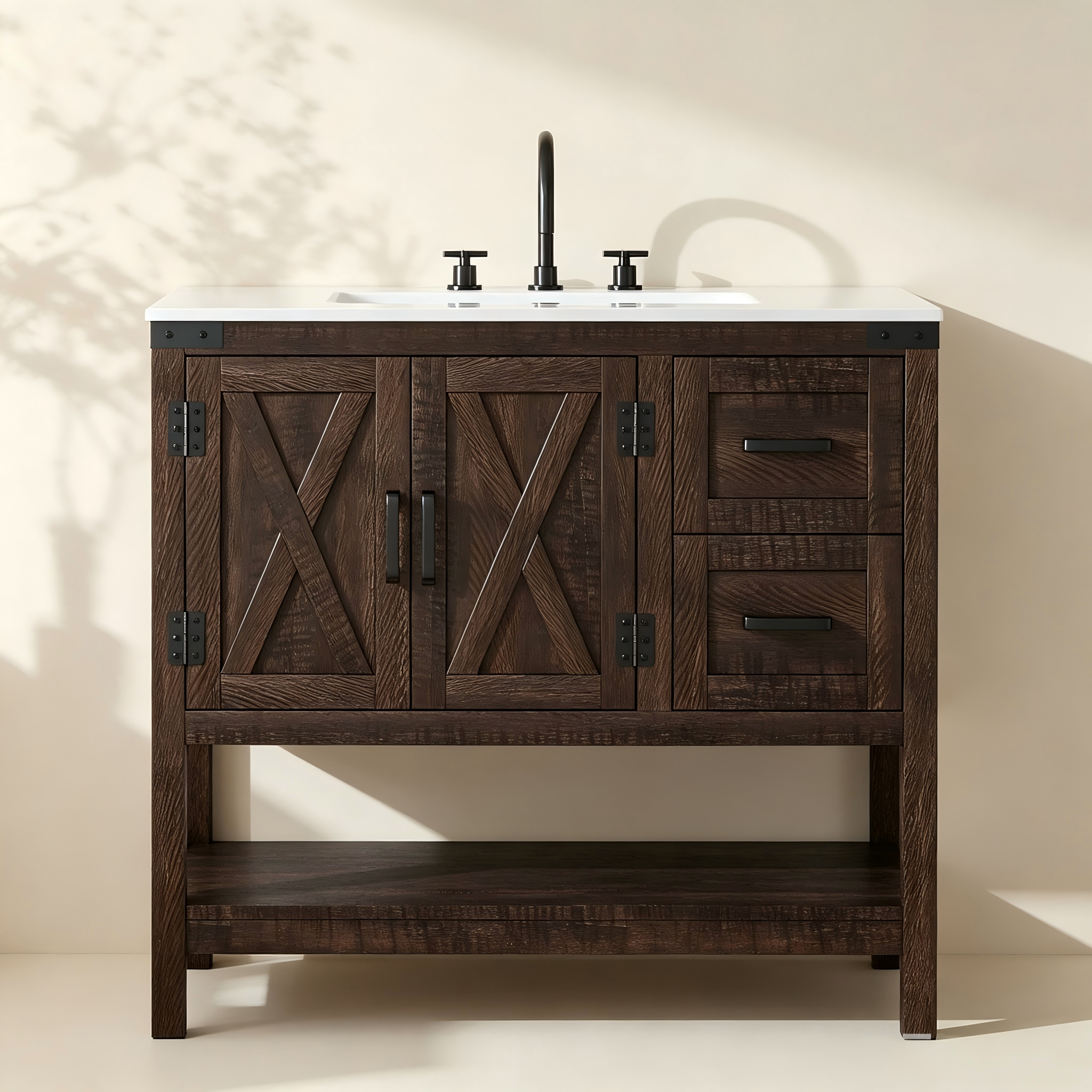 Farmhouse Bathroom Vanity with Drawers and Open Shelf thumbnail view 2
