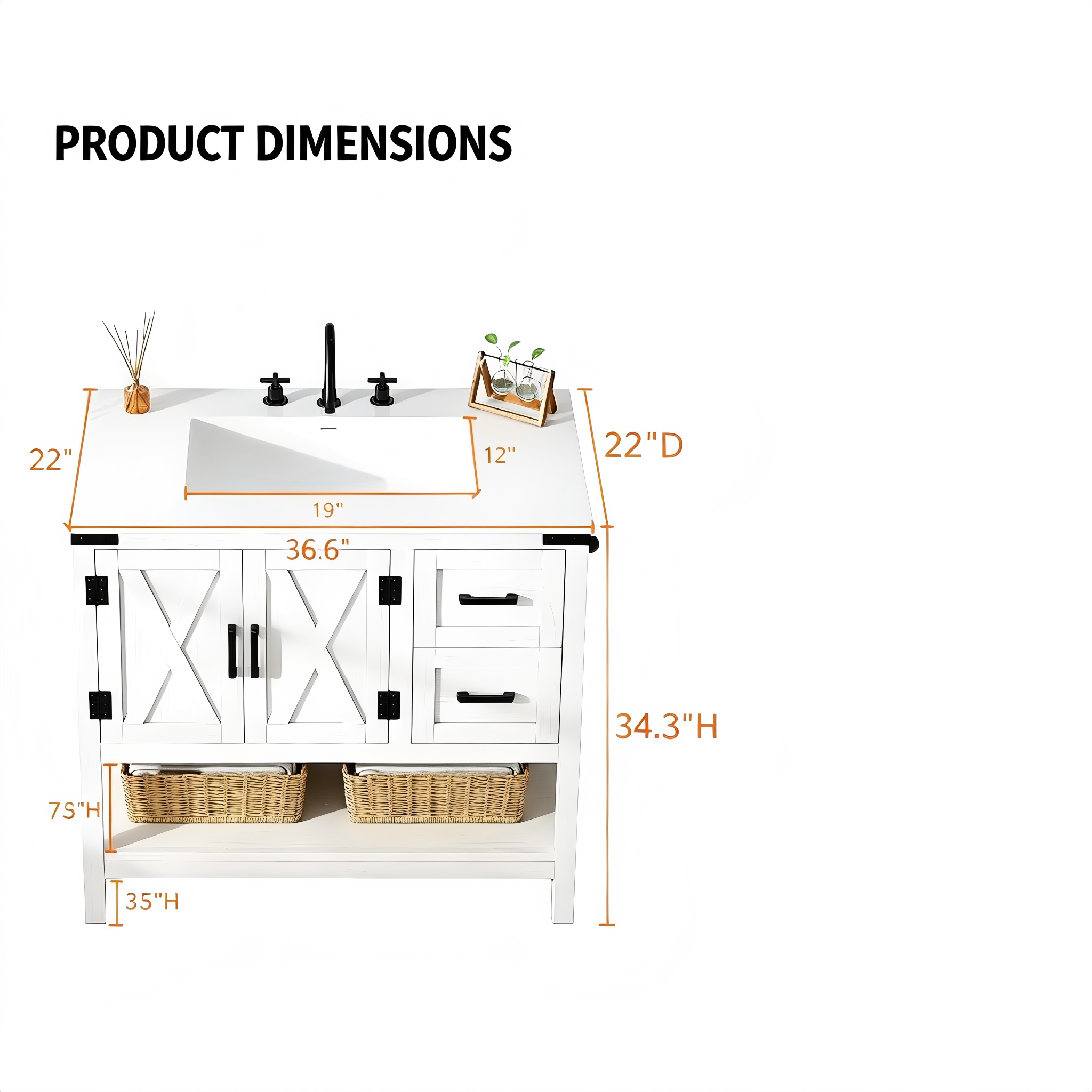 BR010 Farmhouse Bathroom Vanity with Drawers and Open Shelf product dimensions