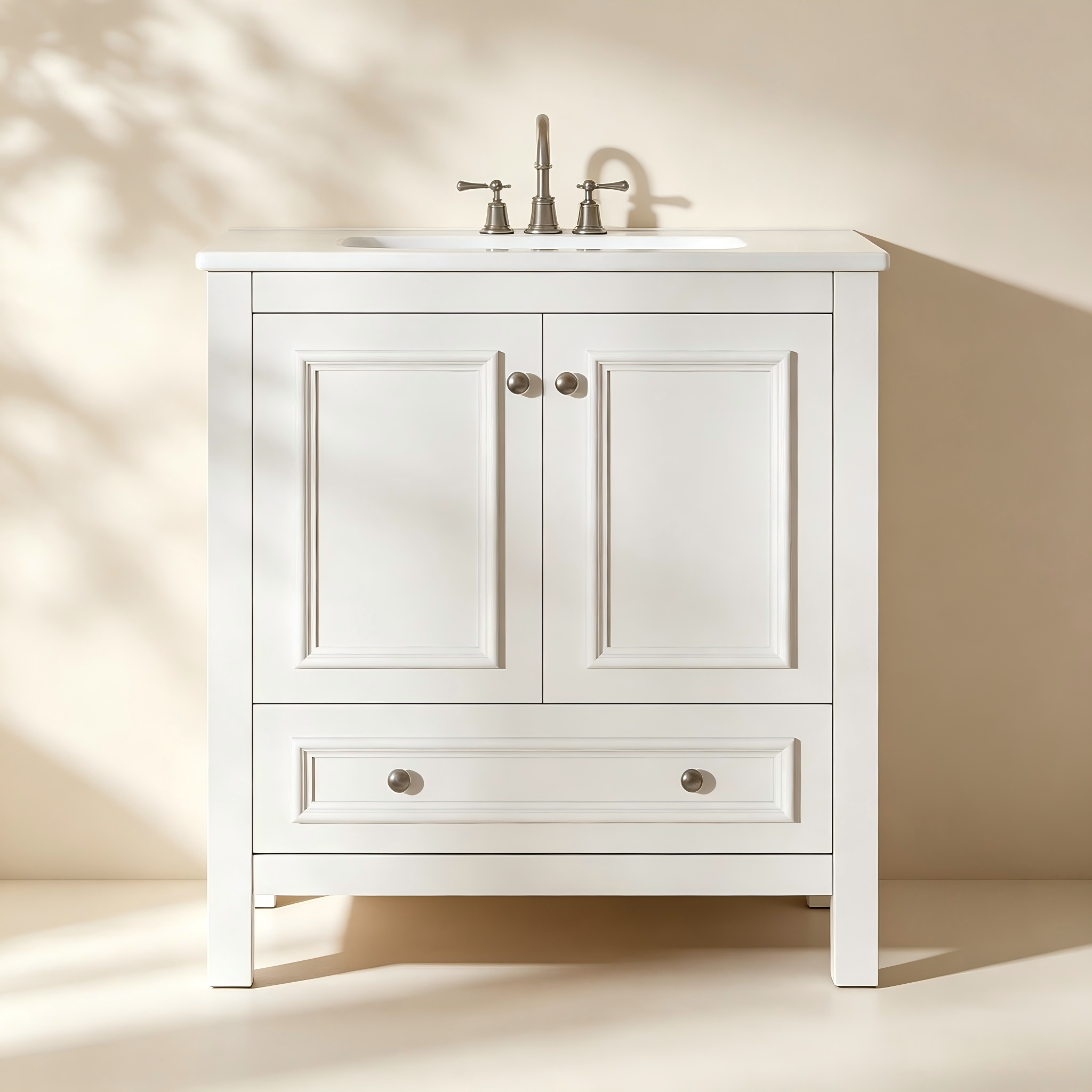 White two-door bathroom vanity with lower drawer and ceramic basin