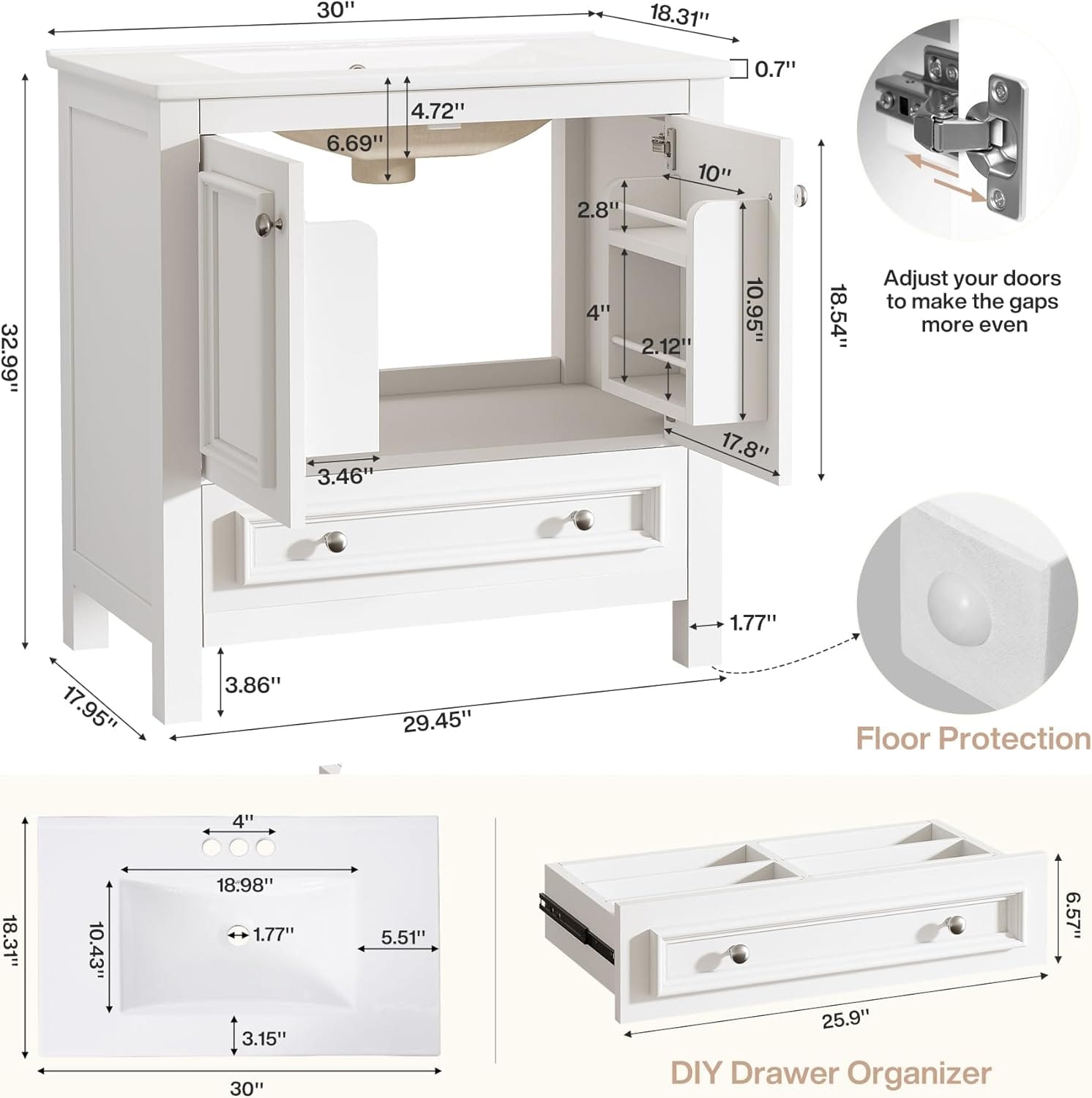 BR011 Two-Door Bathroom Vanity with Lower Drawer product dimensions