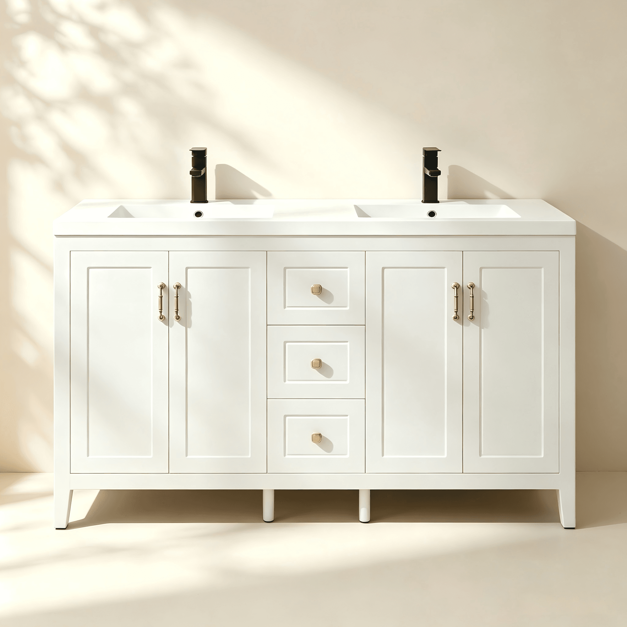 Double-sink bathroom vanity with side cabinets, center drawers and ceramic basins