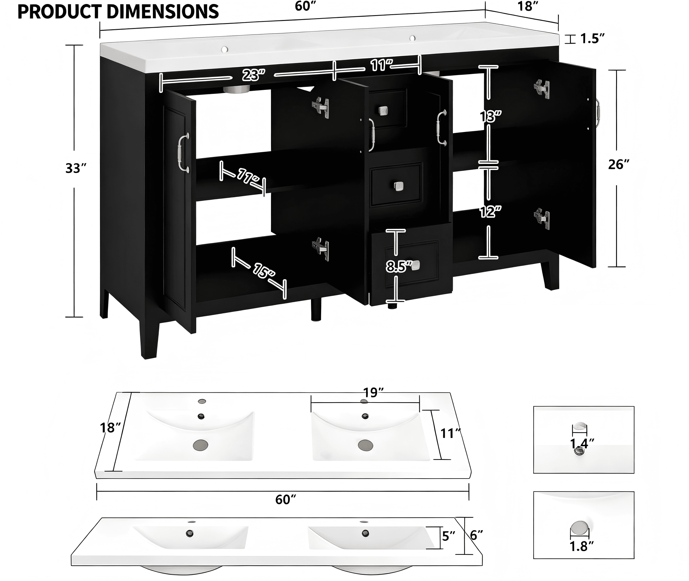 BR012 Double-Sink Bathroom Vanity with Center Drawers product dimensions