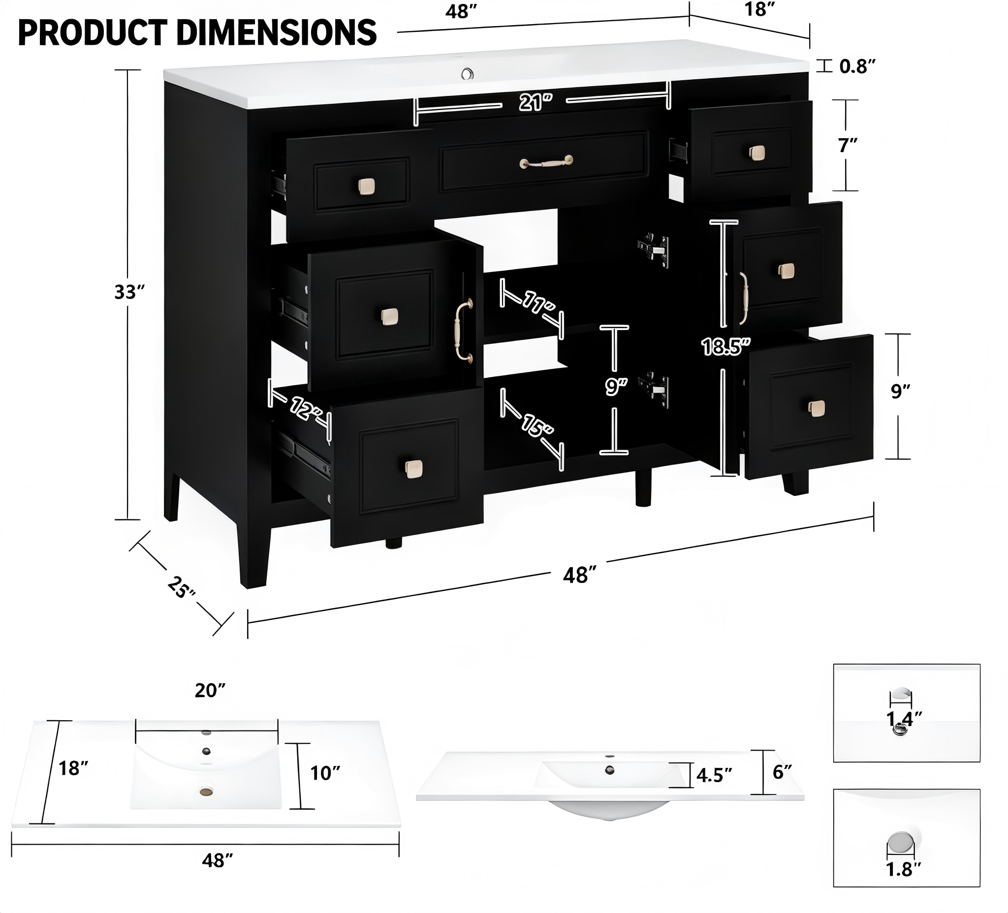 BR013 Bathroom Vanity with Center Cabinet and Side Drawers product dimensions