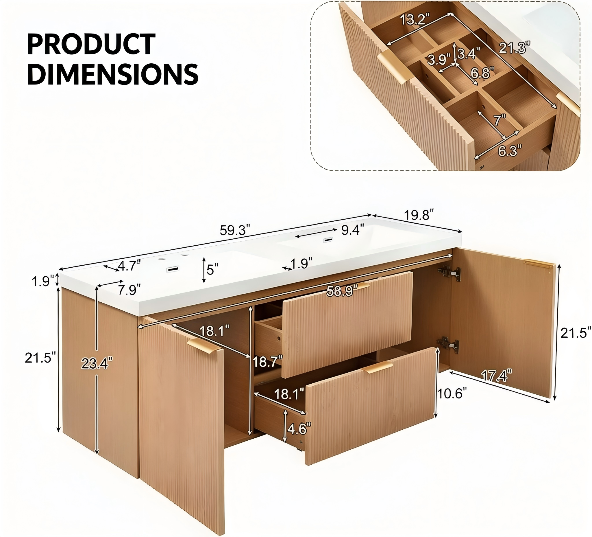 BR015 Wall-Mounted Double-Sink Fluted Bathroom Vanity product dimensions