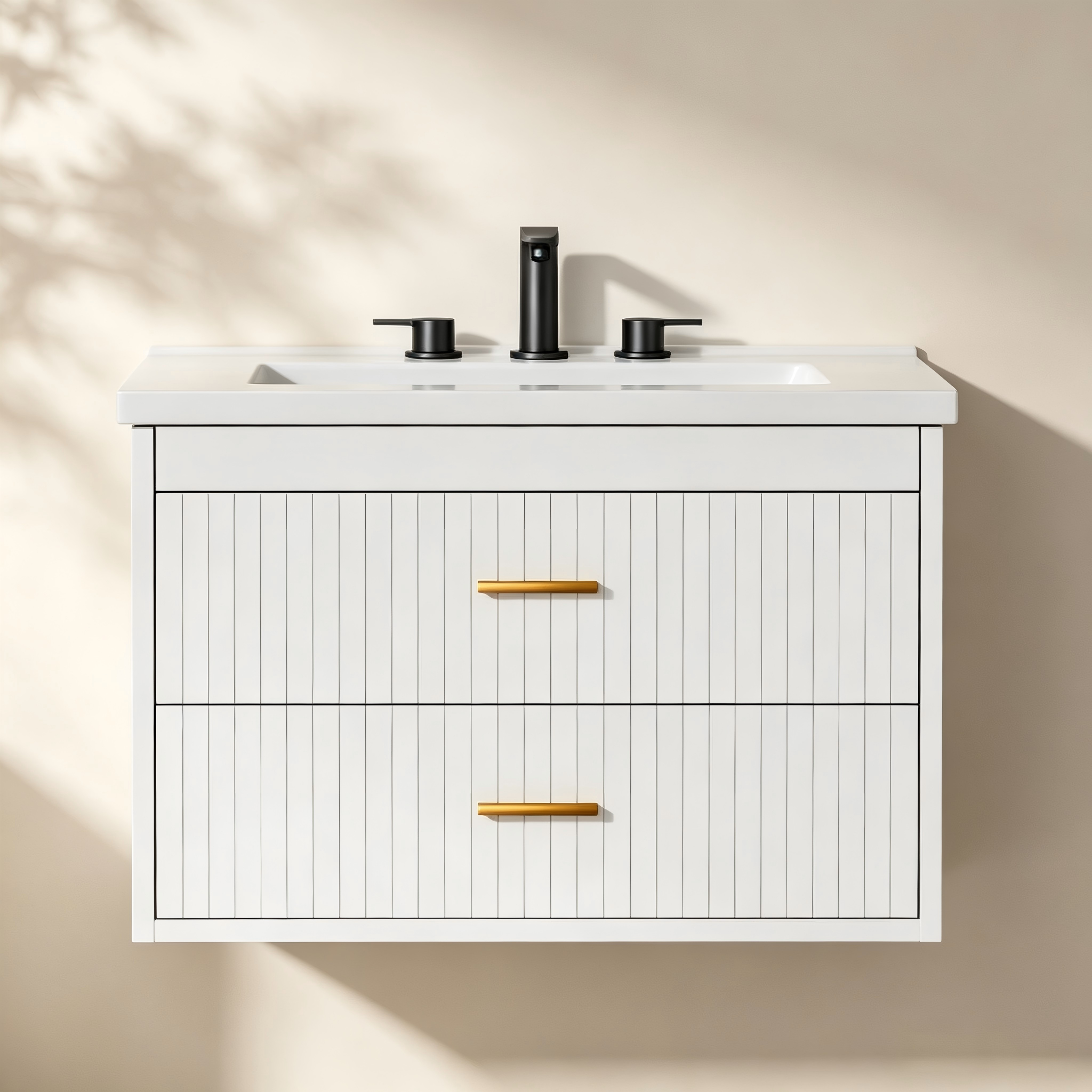 Wall-Mounted Fluted Two-Drawer Bathroom Vanity thumbnail view 1