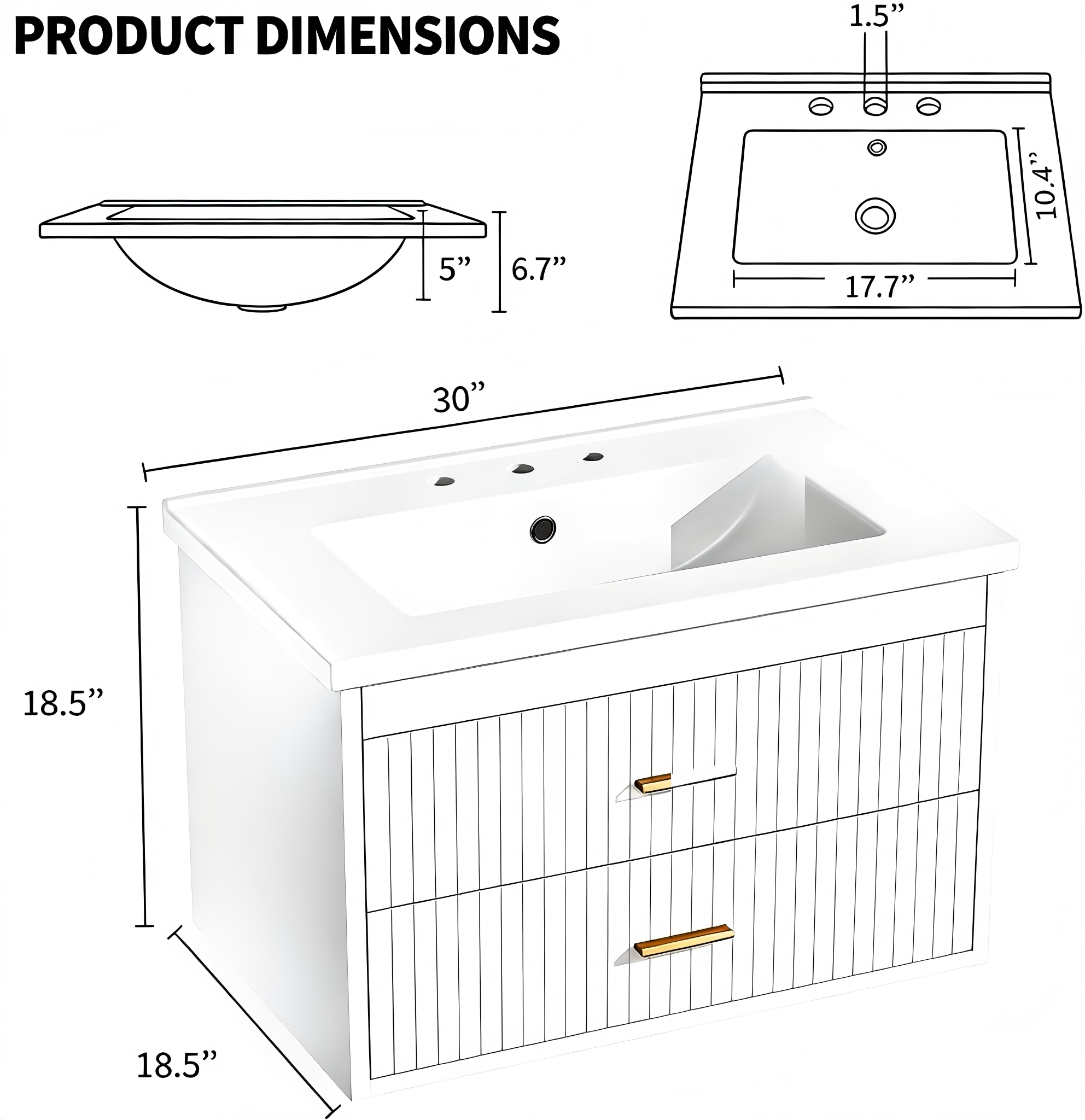 BR016 Wall-Mounted Fluted Two-Drawer Bathroom Vanity product dimensions