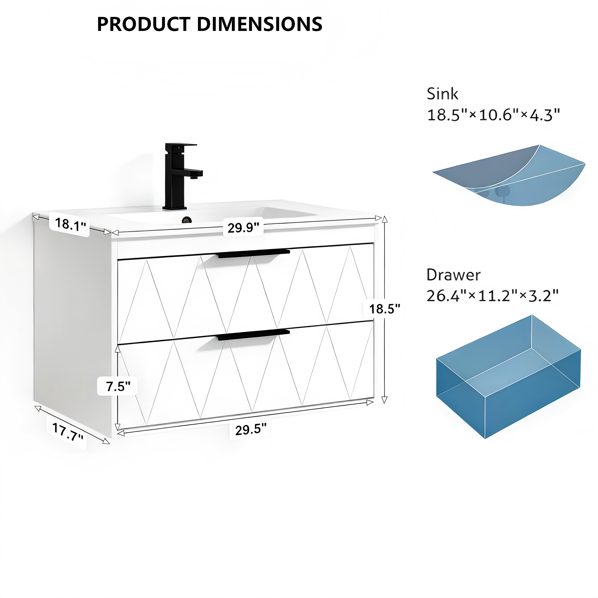 BR017 Geometric Two-Drawer Floating Bathroom Vanity product dimensions