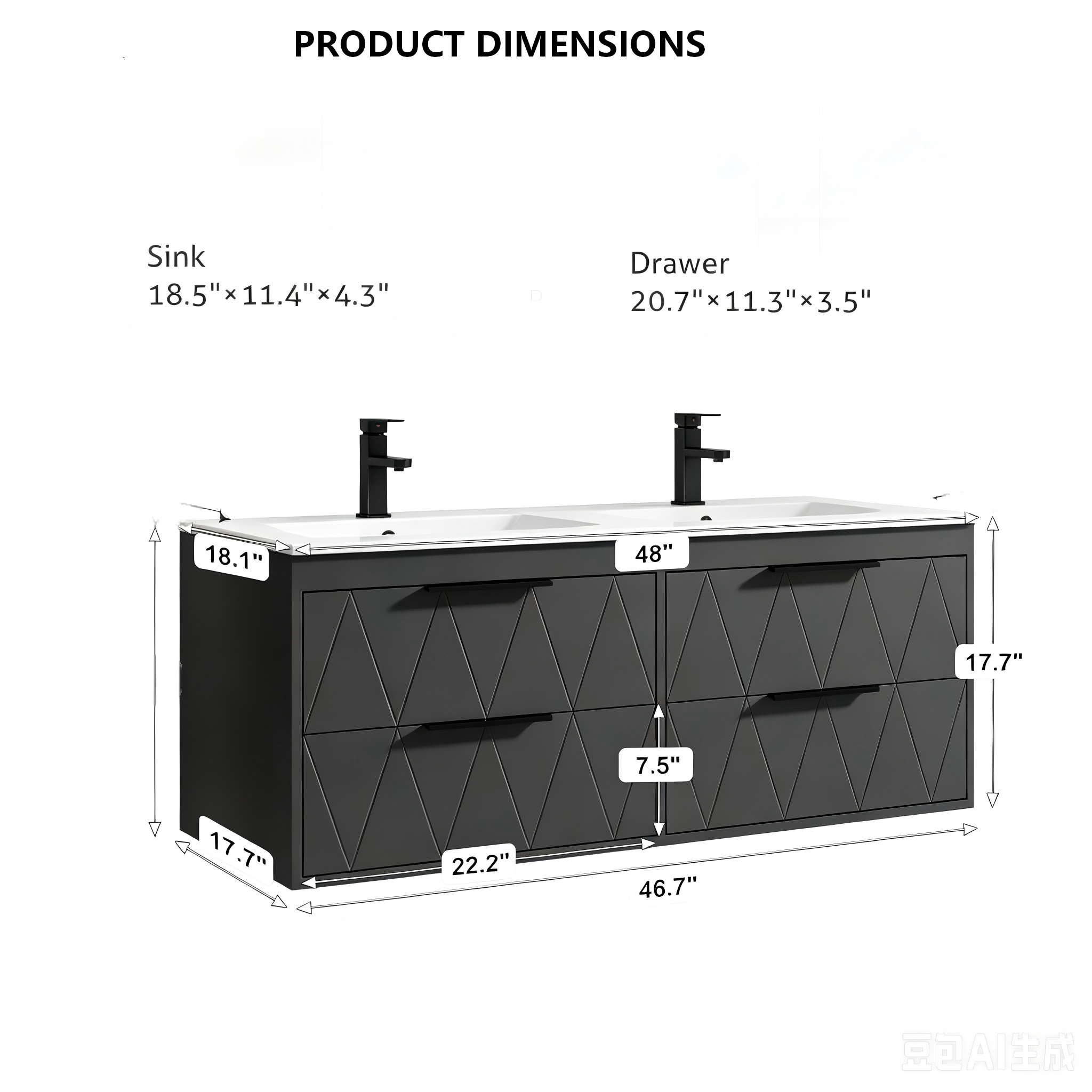 BR018 Double-Sink Geometric Floating Bathroom Vanity product dimensions