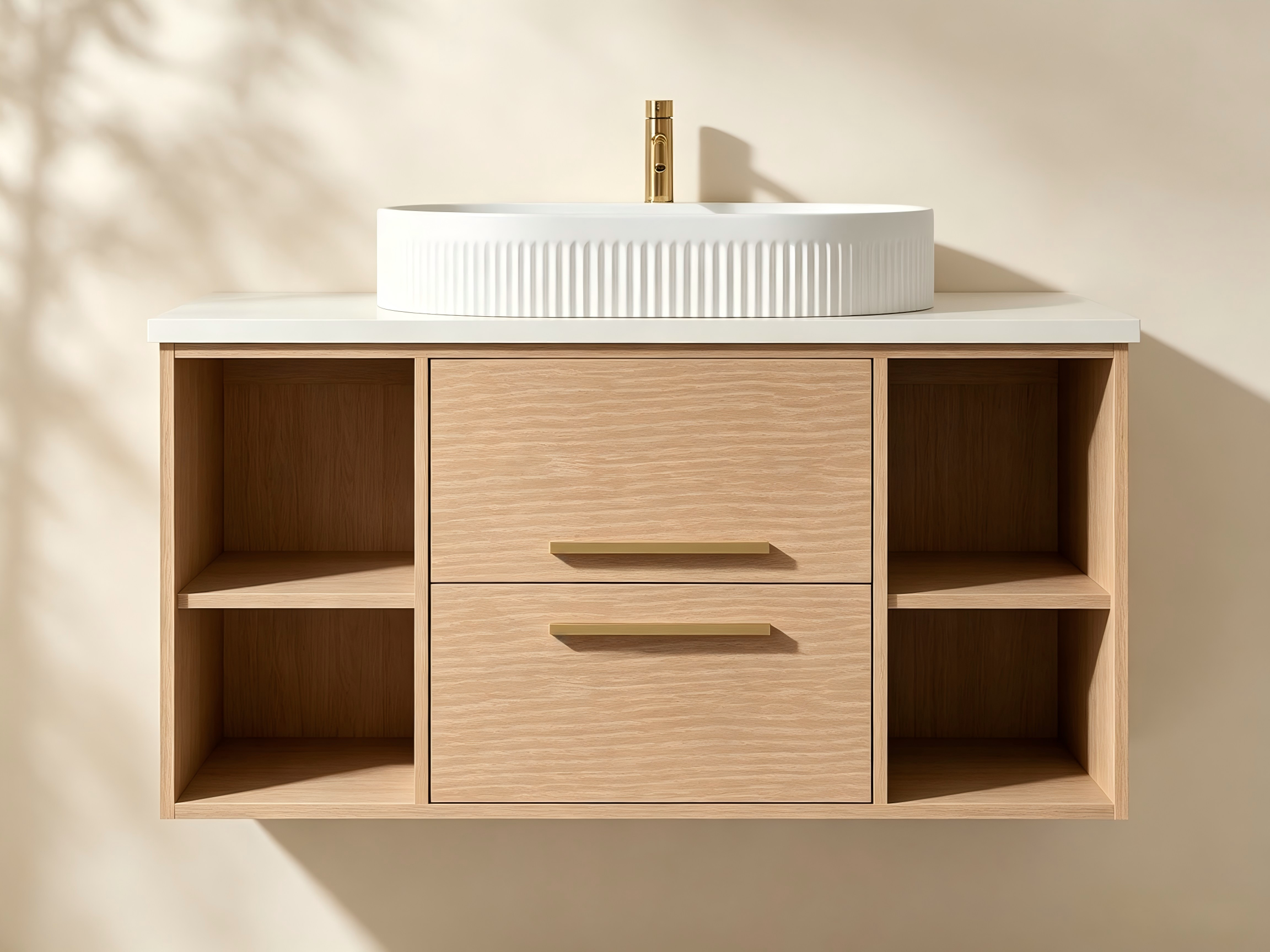 Floating wood bathroom vanity with open side shelves, center drawers and vessel sink