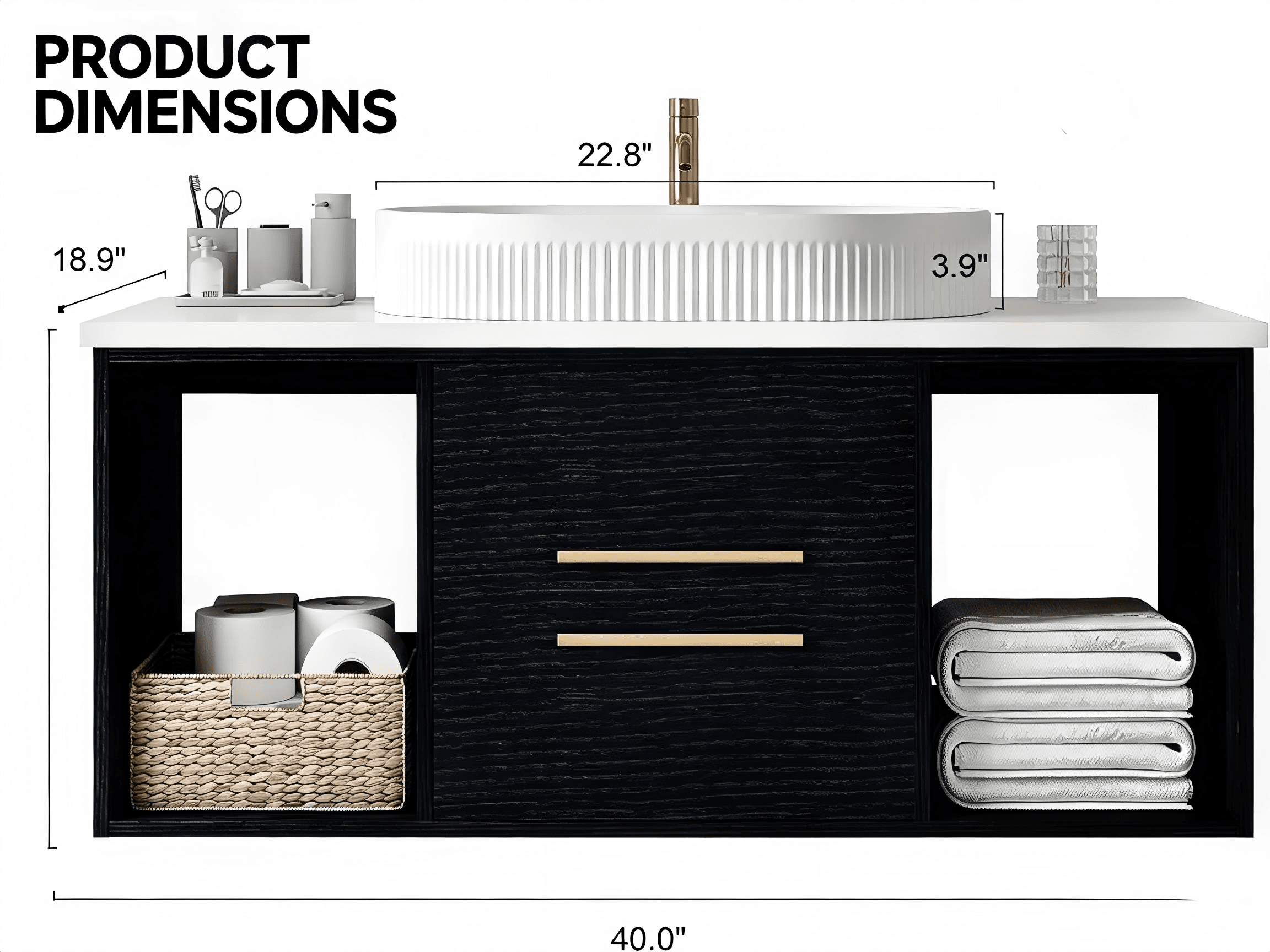 BR019 Floating Bathroom Vanity with Open Shelves product dimensions