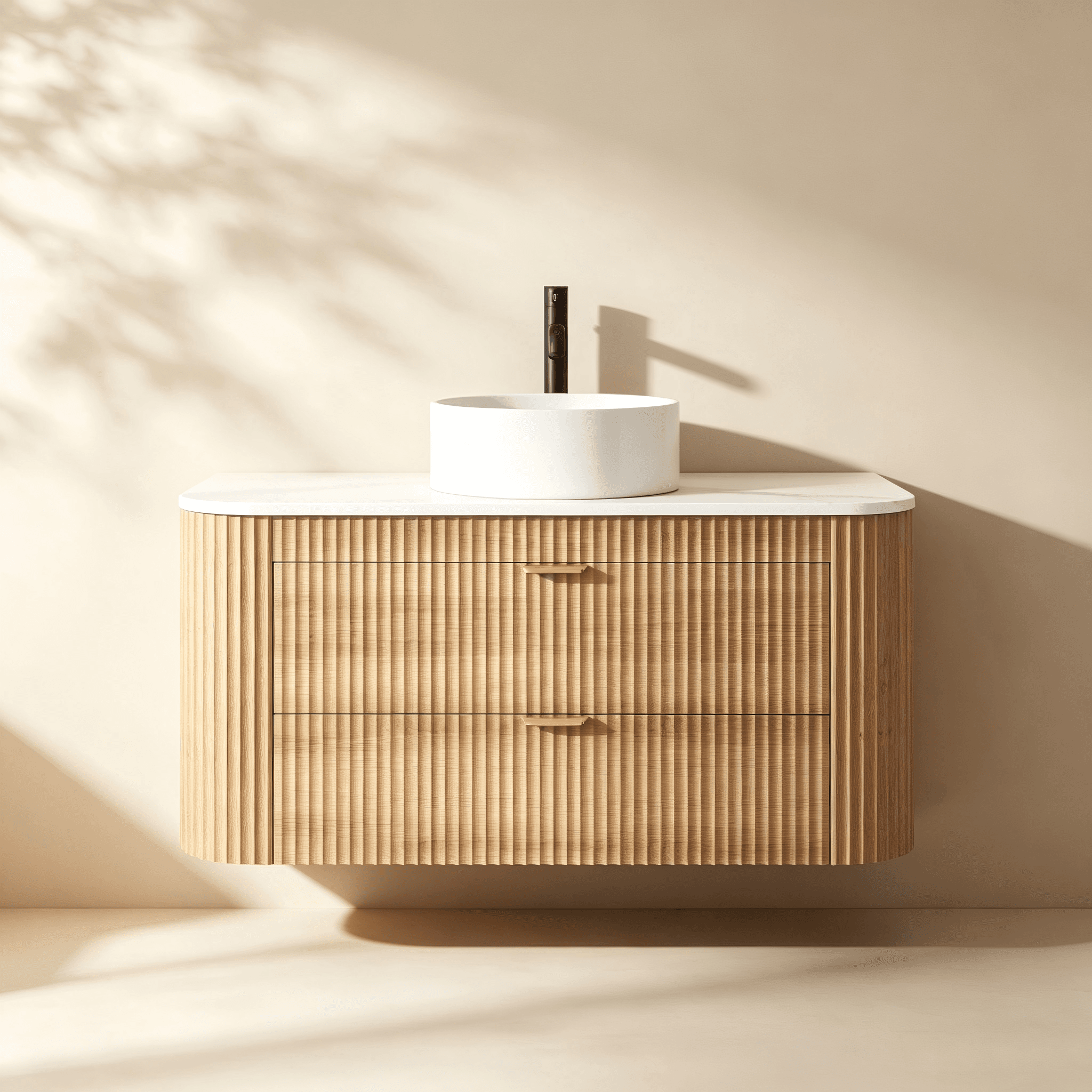 Curved wood fluted two-drawer bathroom vanity with vessel sink