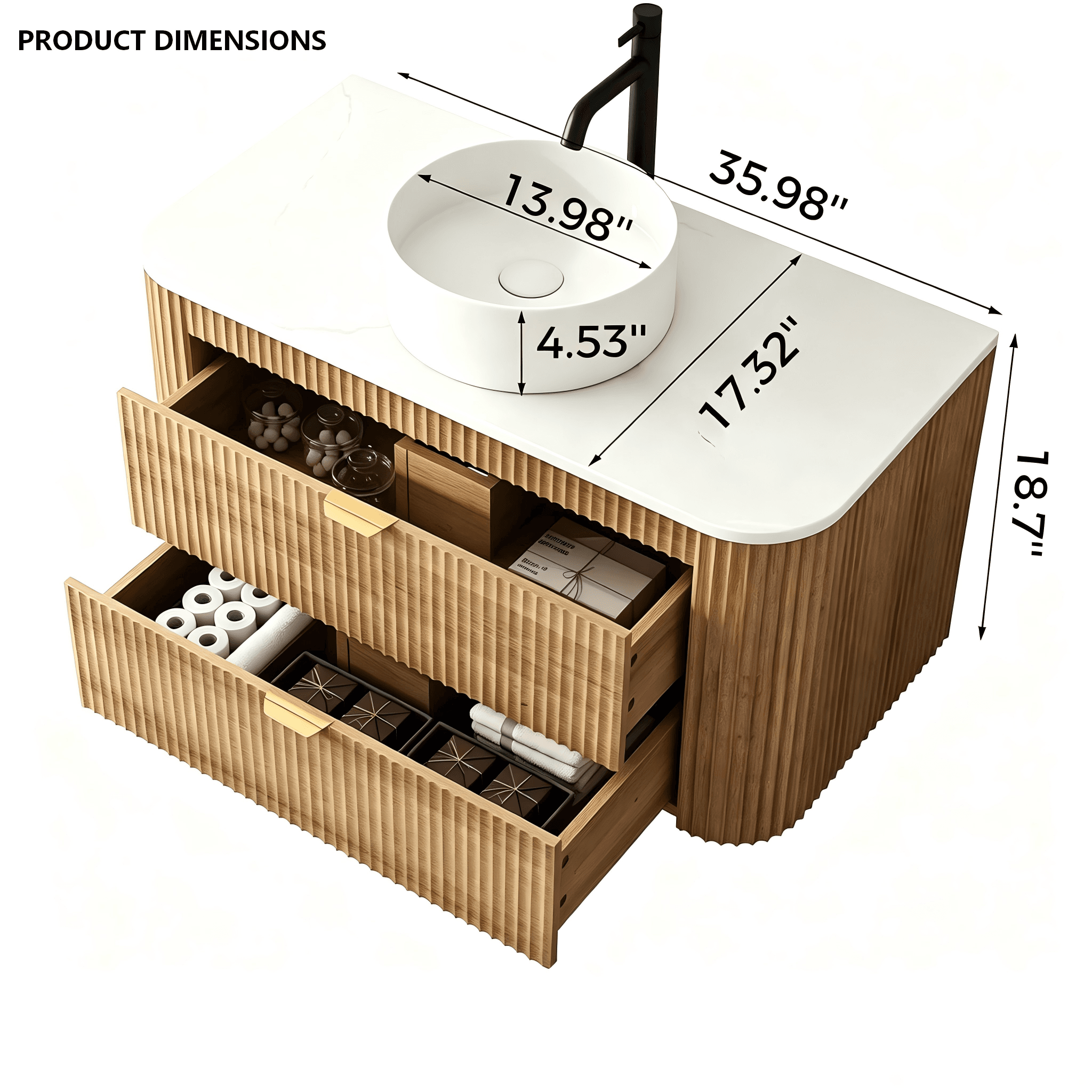 BR020 Curved Fluted Two-Drawer Bathroom Vanity product dimensions