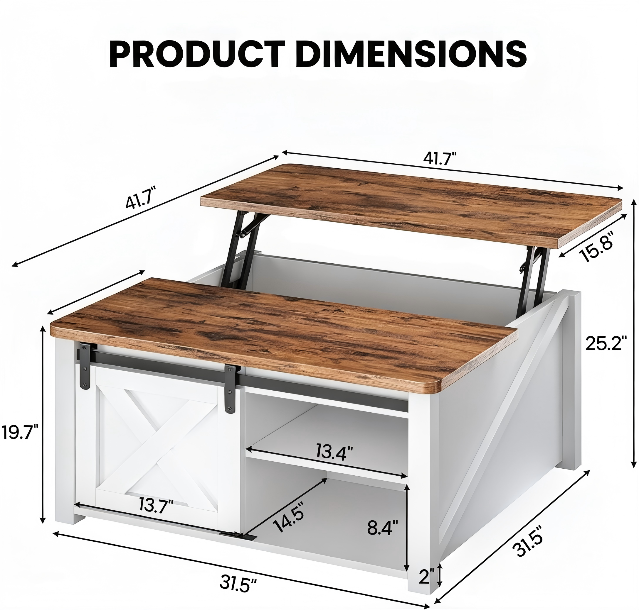 CT001 Farmhouse Lift-Top Coffee Table product dimensions