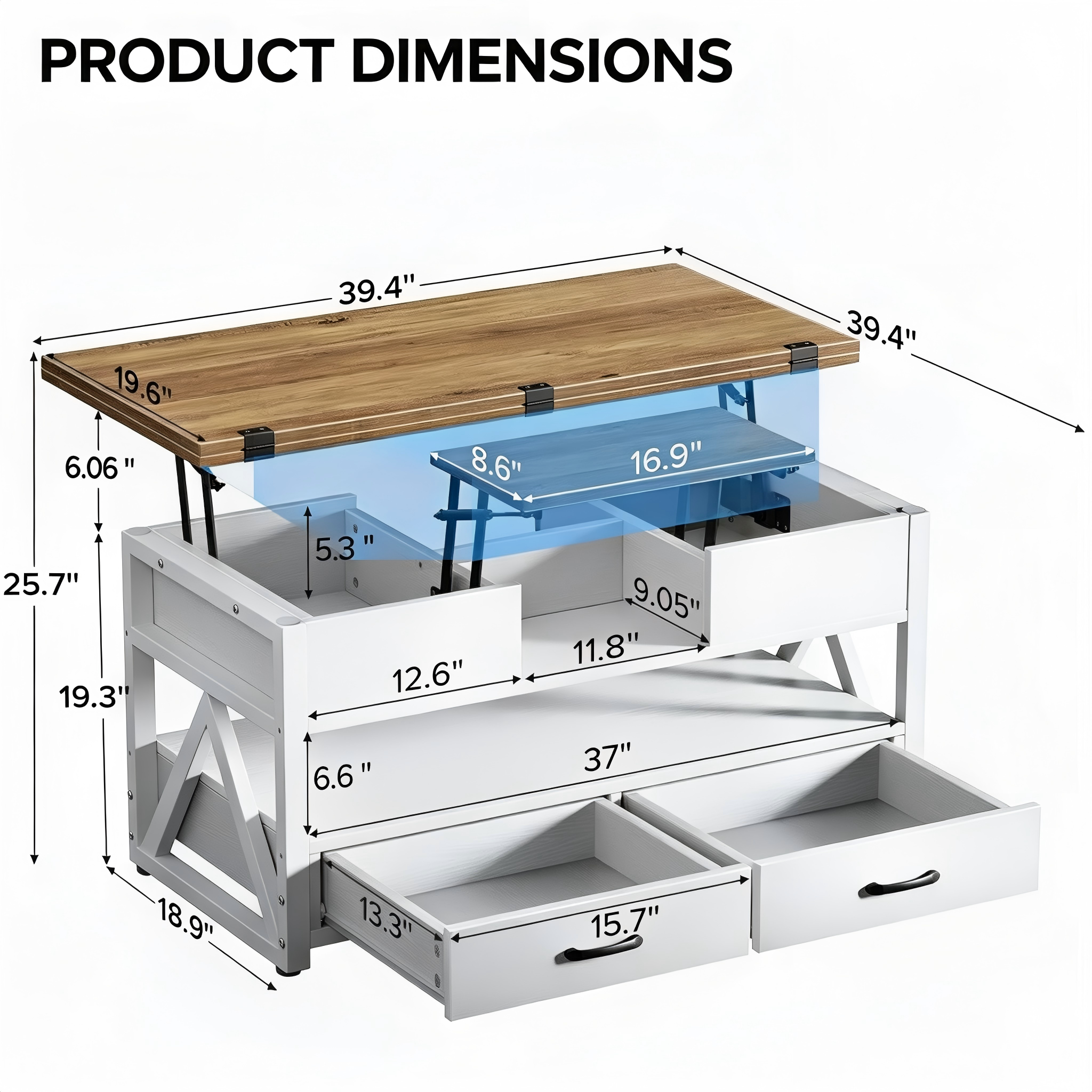 CT002 Lift-Top Coffee Table with Drawers product dimensions