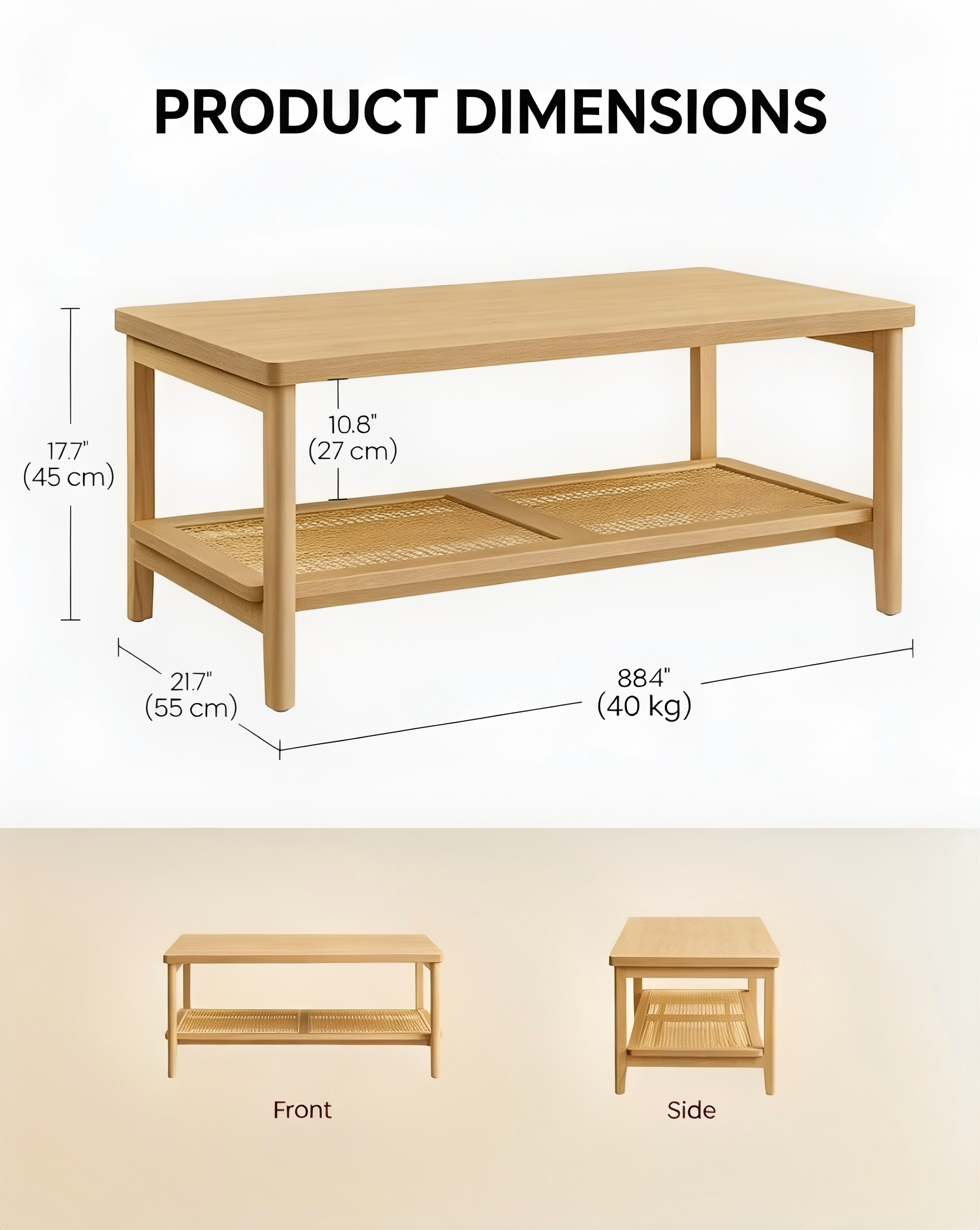 CT006 Rectangular Coffee Table with Lower Shelf product dimensions