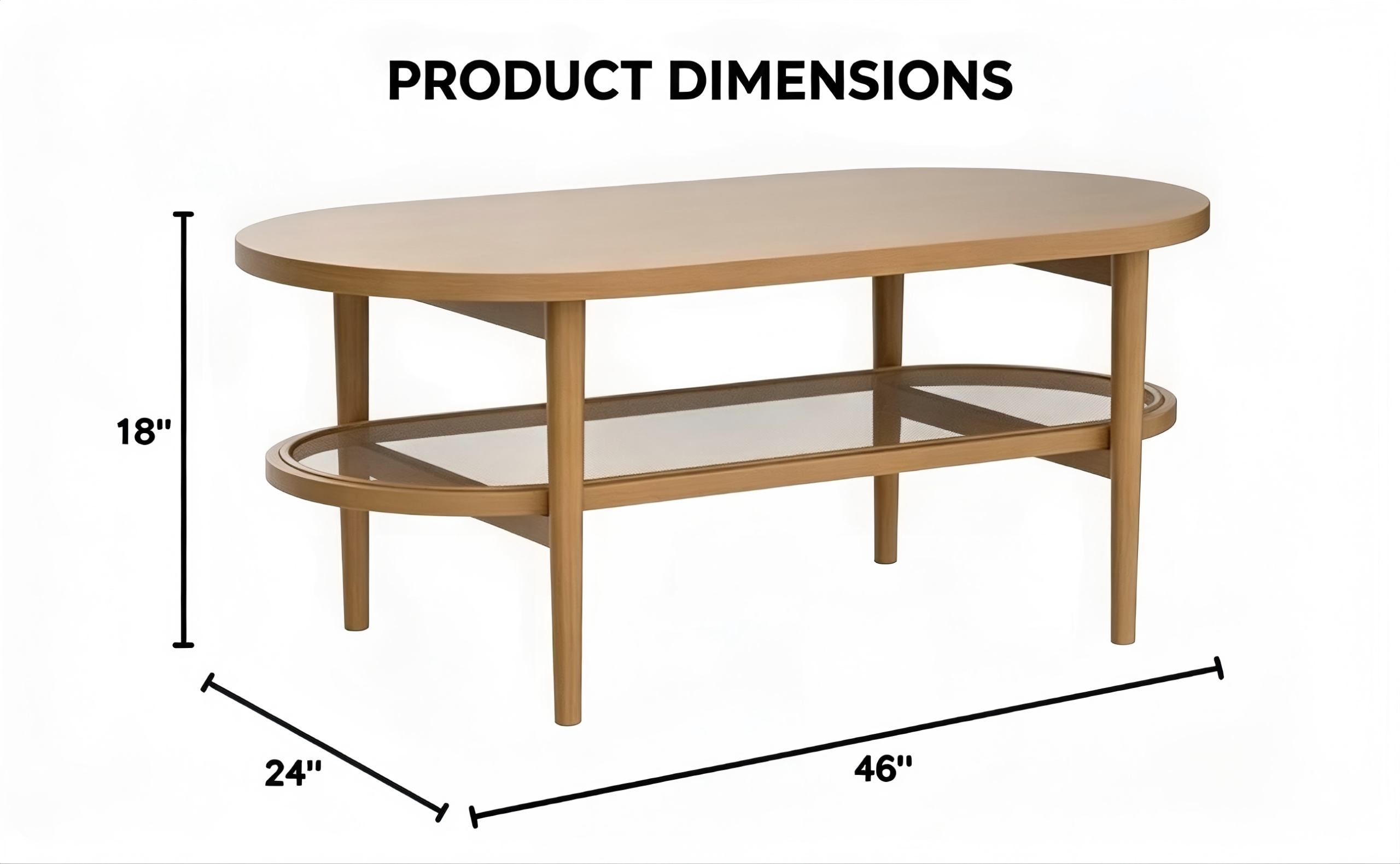 CT007 Oval Coffee Table with Open Shelf product dimensions