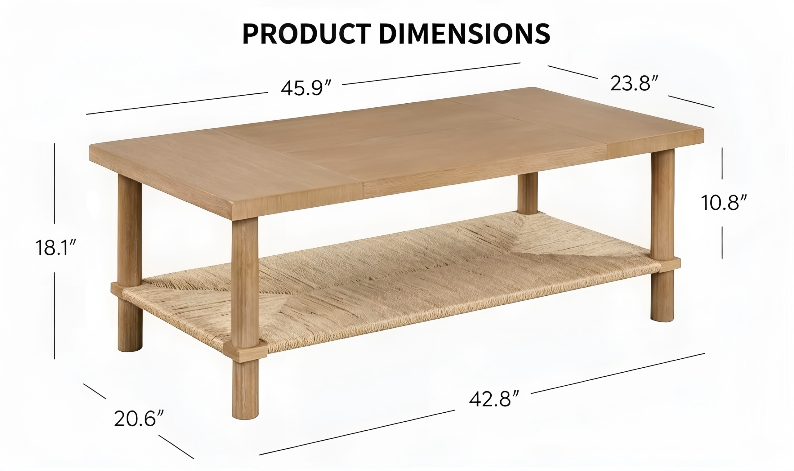 CT008 Rope-Woven Coffee Table with Lower Shelf product dimensions