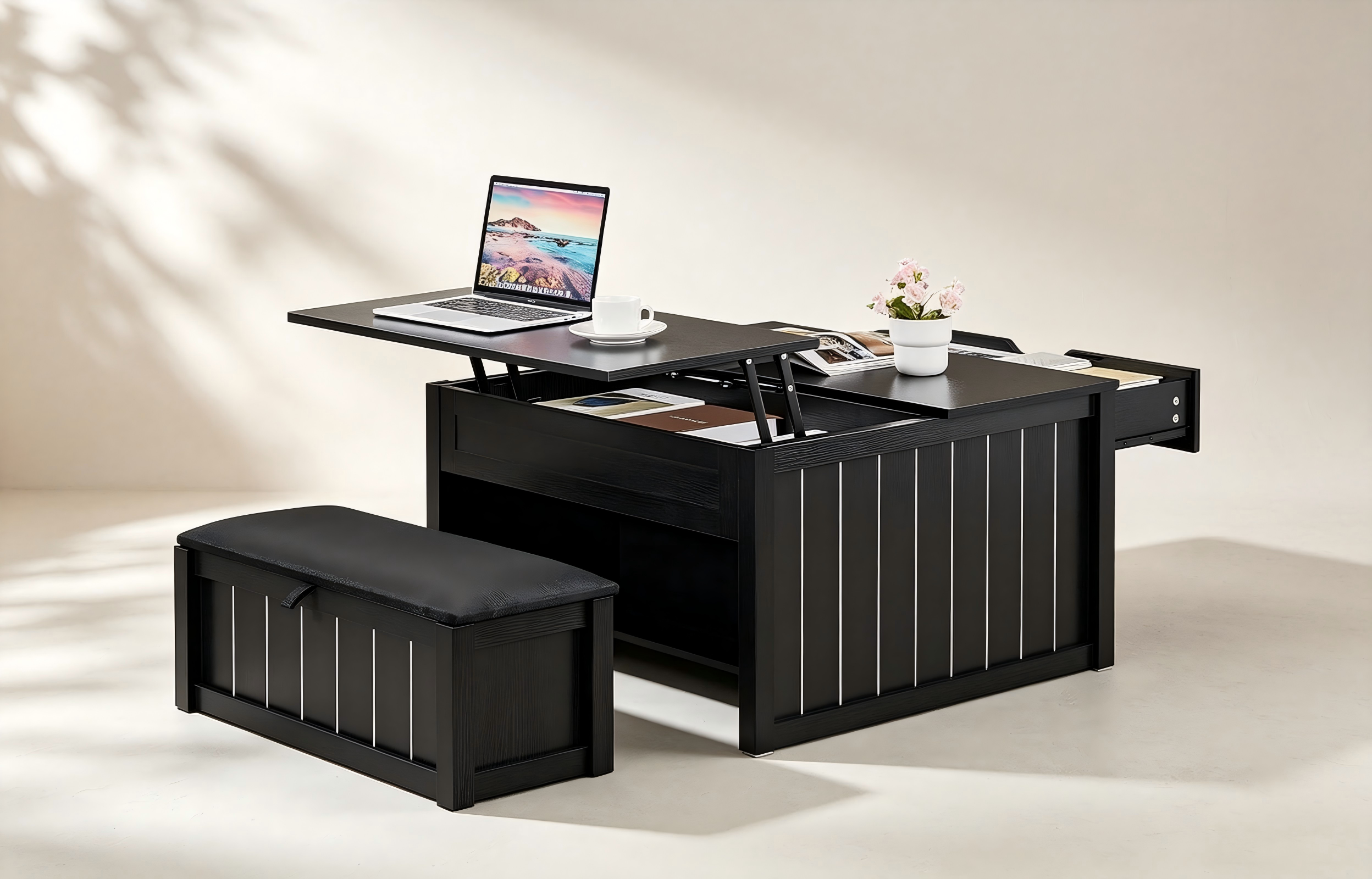 Lift-Top Coffee Table with Stools for custom living room furniture collections
