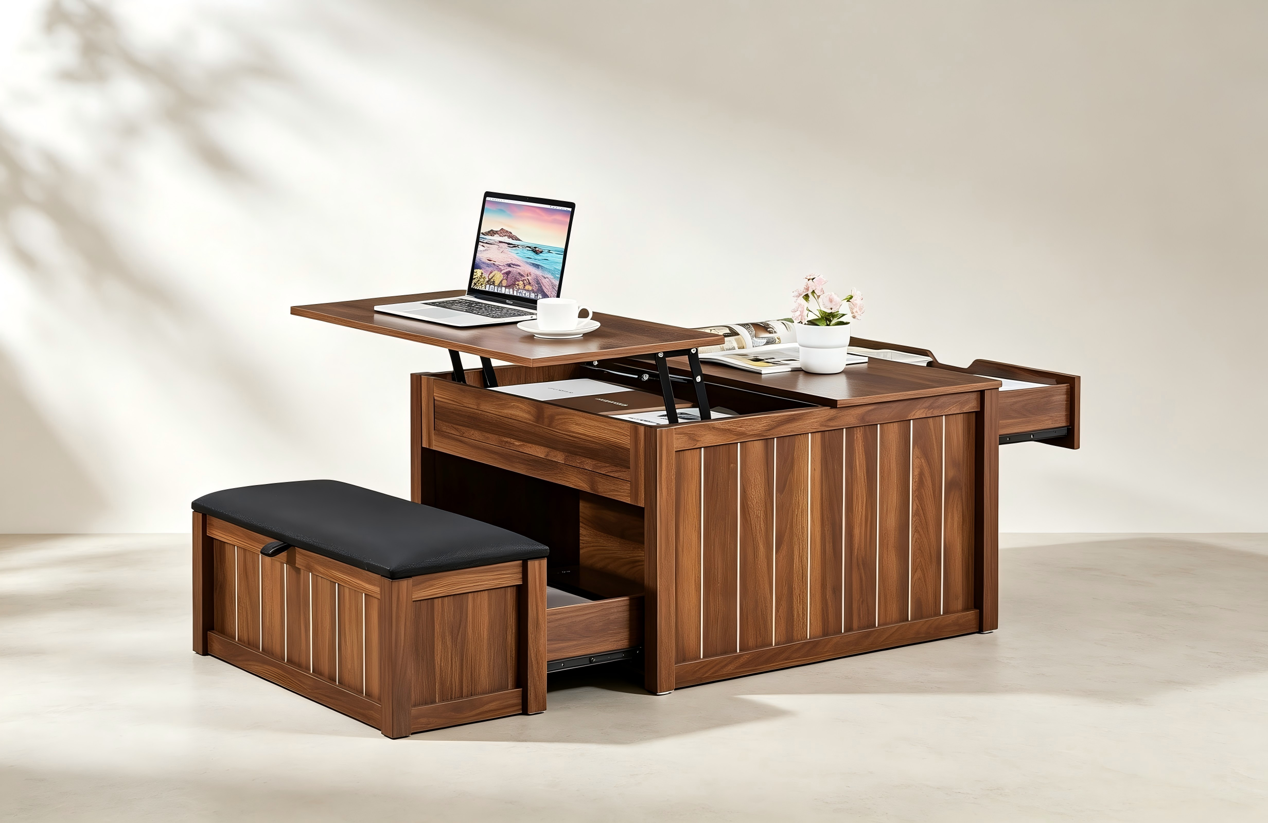 Lift-Top Coffee Table with Stools thumbnail view 2