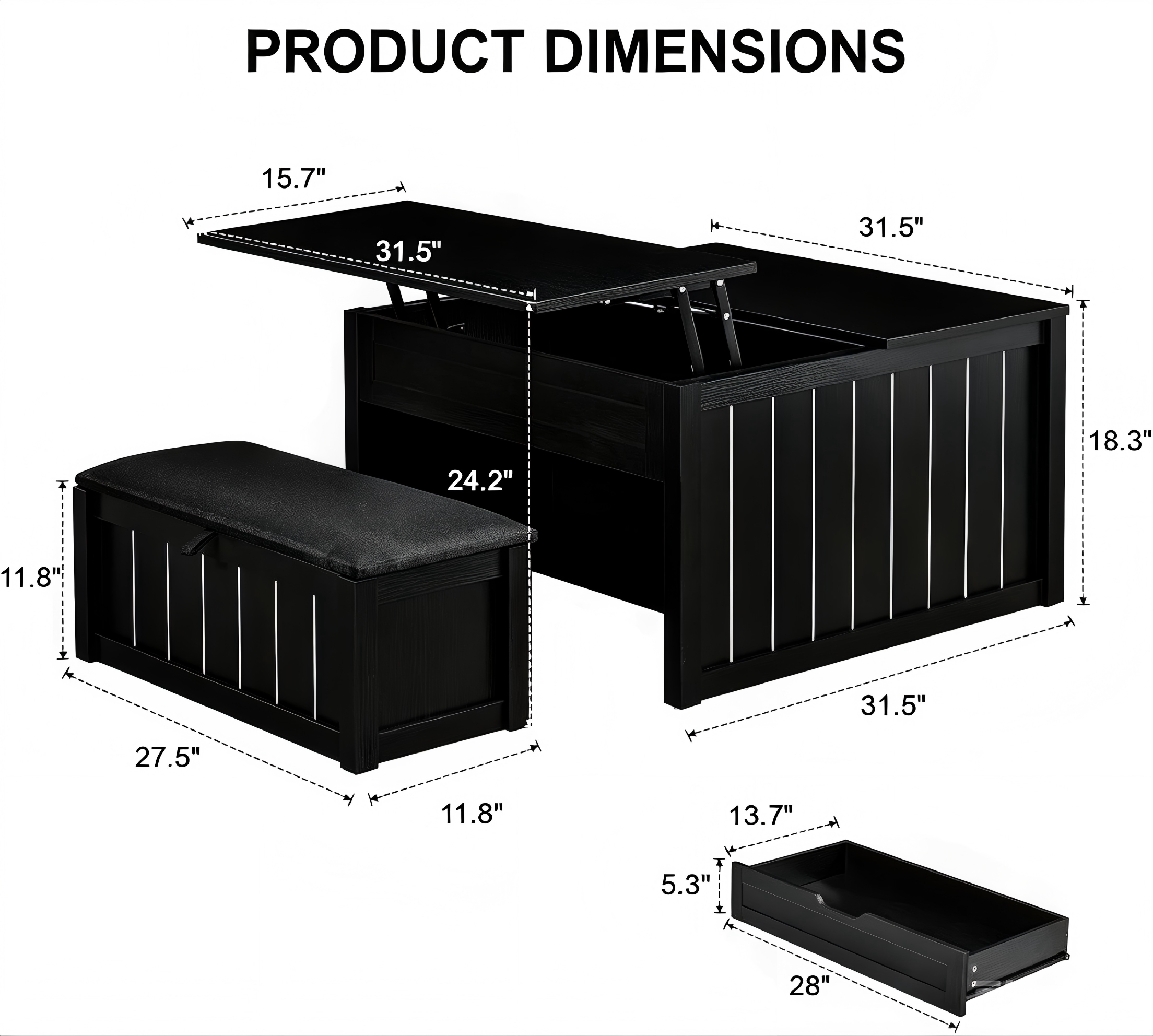 CT011 Lift-Top Coffee Table with Stools product dimensions