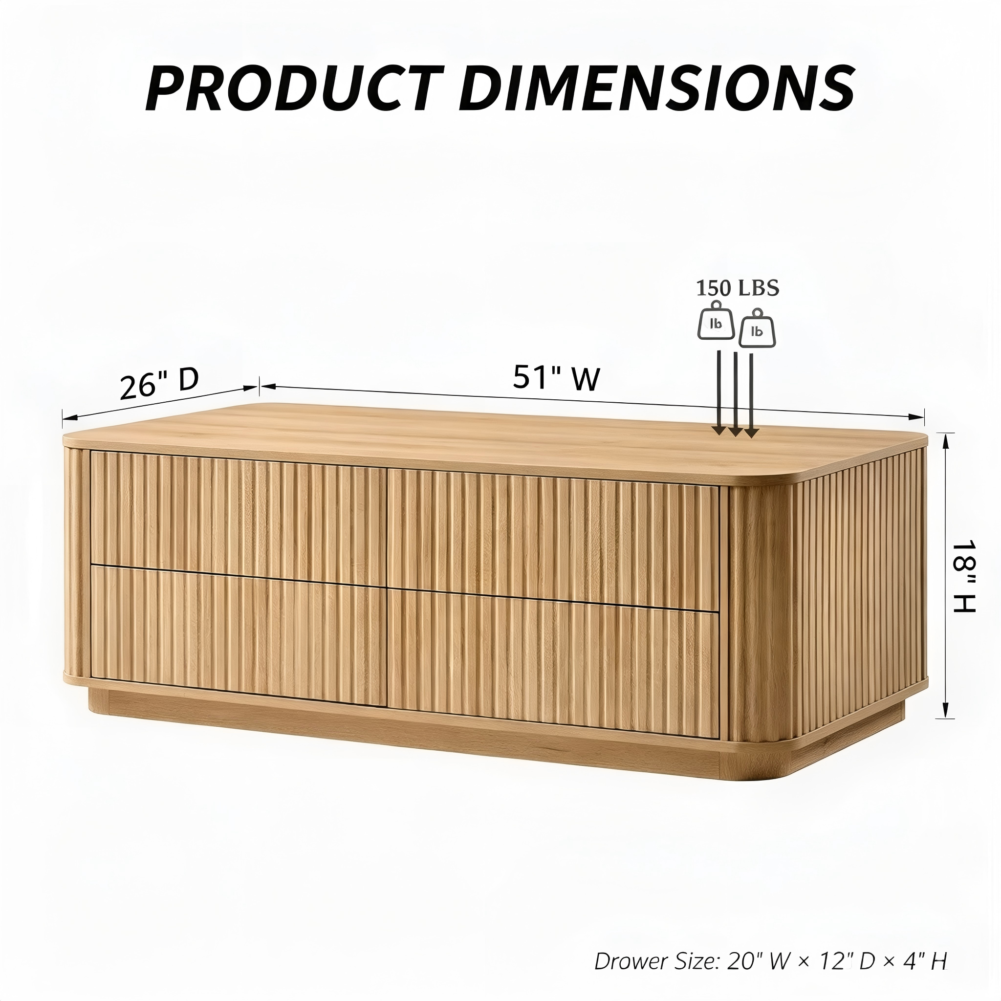 CT013 Slatted Storage Coffee Table with Drawers product dimensions