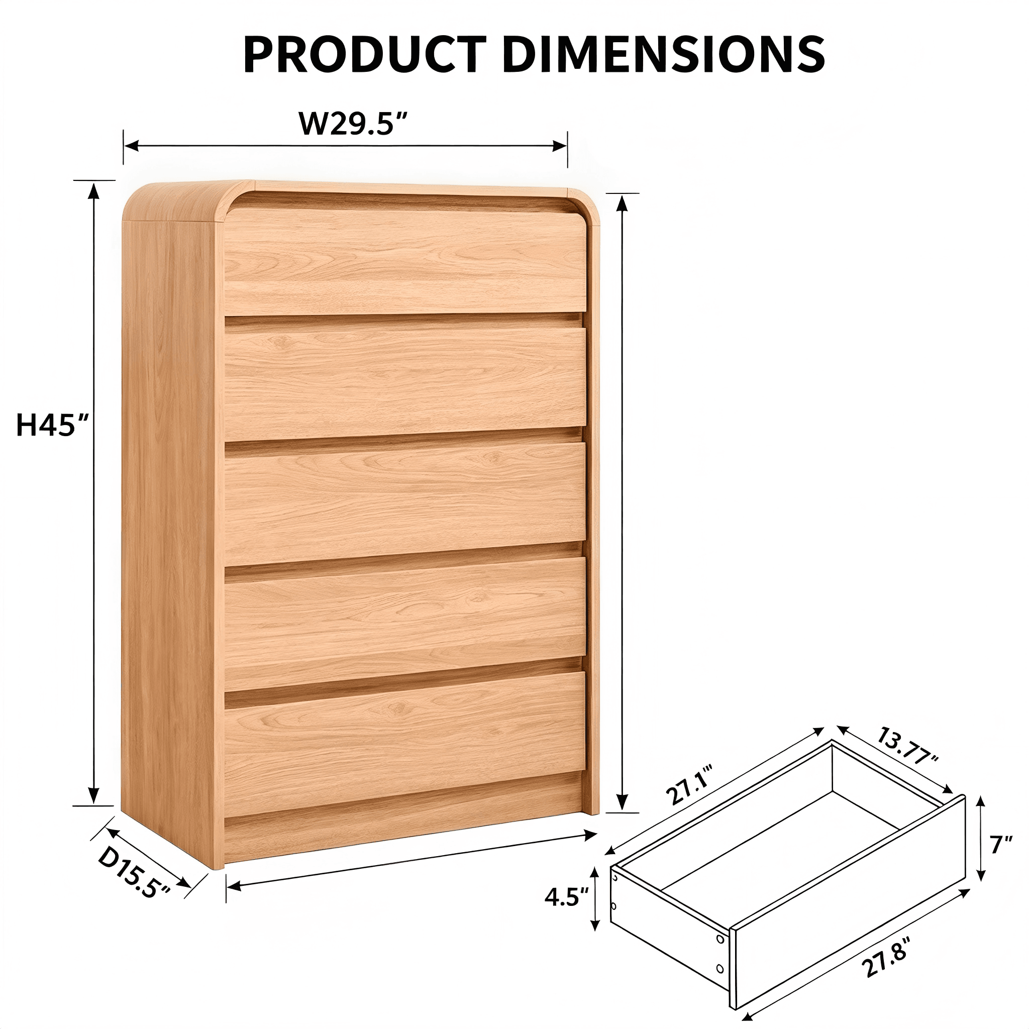 DR001 Rounded Five-Drawer Tall Chest product dimensions
