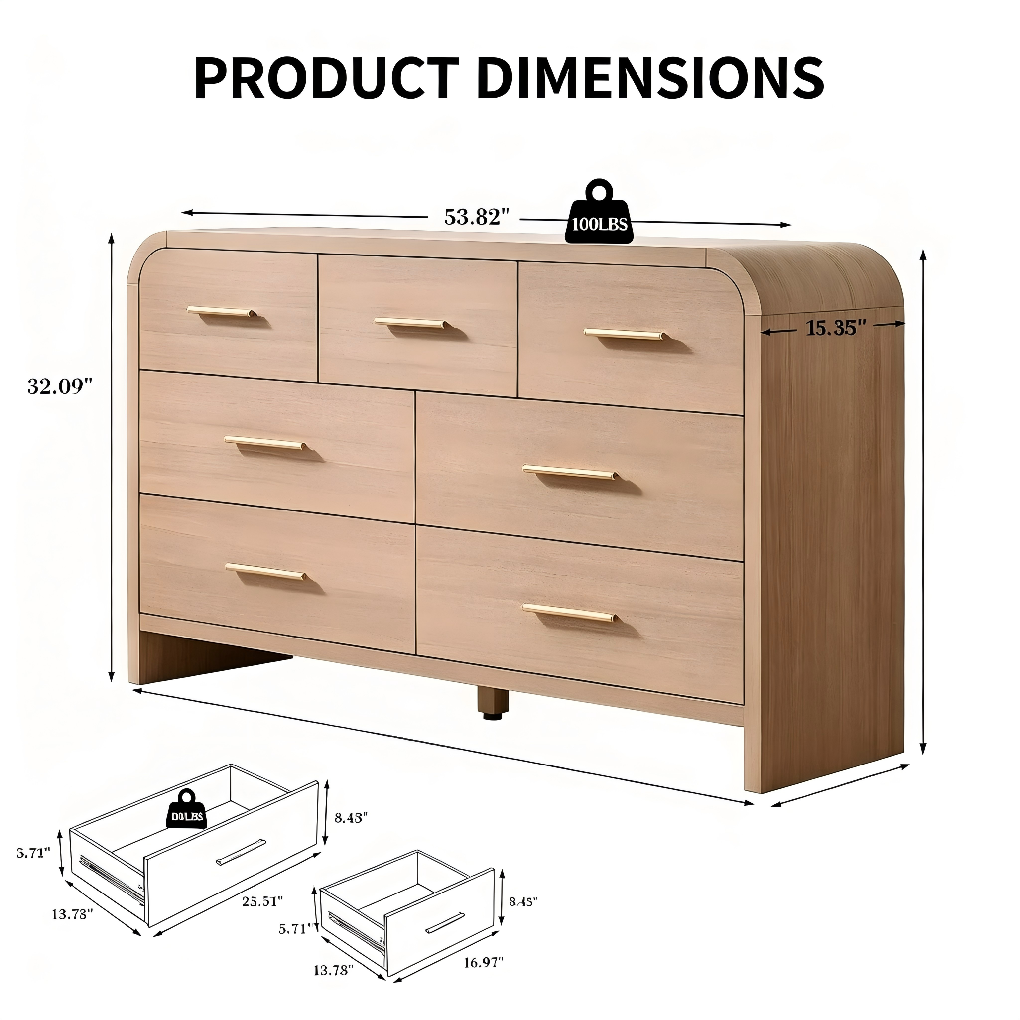 DR002 Rounded Seven-Drawer Dresser product dimensions