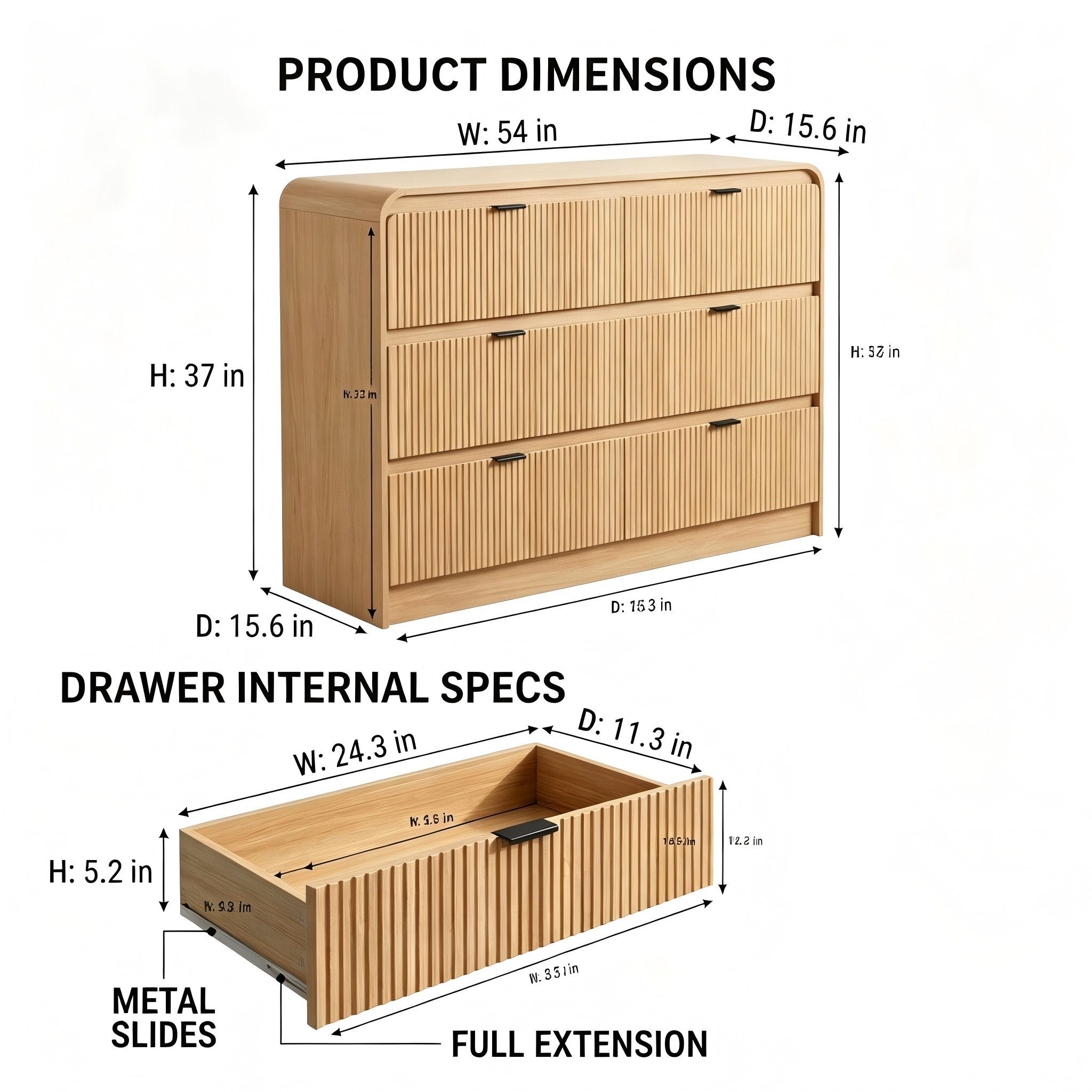 DR003 Fluted Six-Drawer Dresser product dimensions