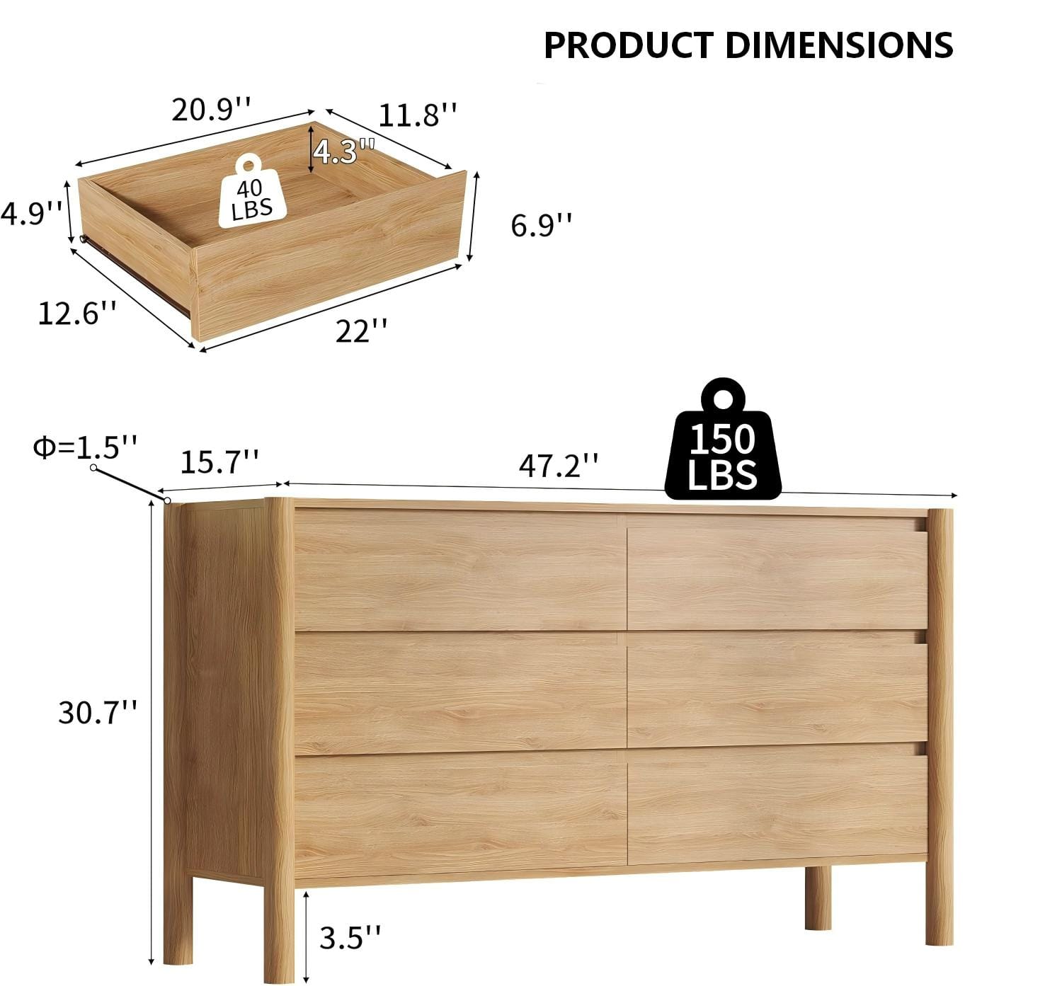 DR004 Modern Six-Drawer Wood Dresser product dimensions