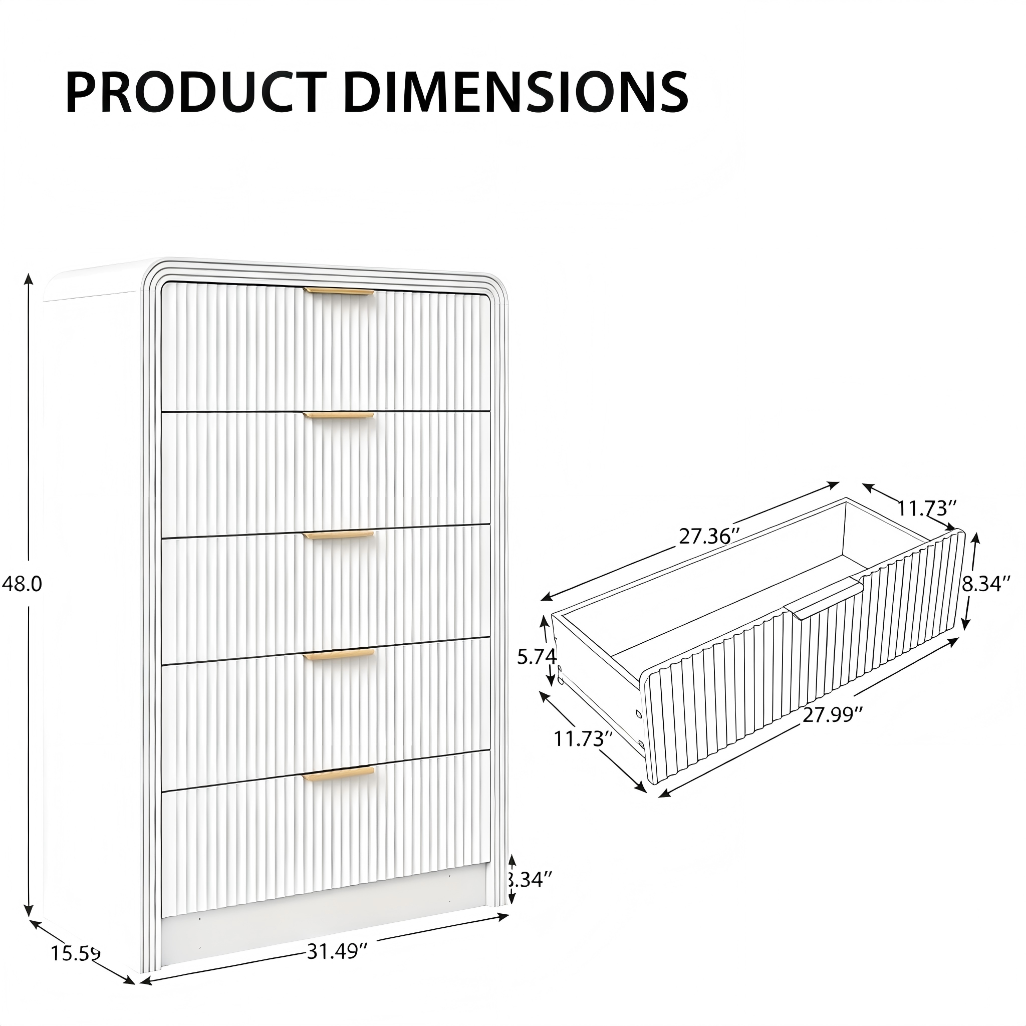 DR005 Tall Fluted Five-Drawer Chest product dimensions