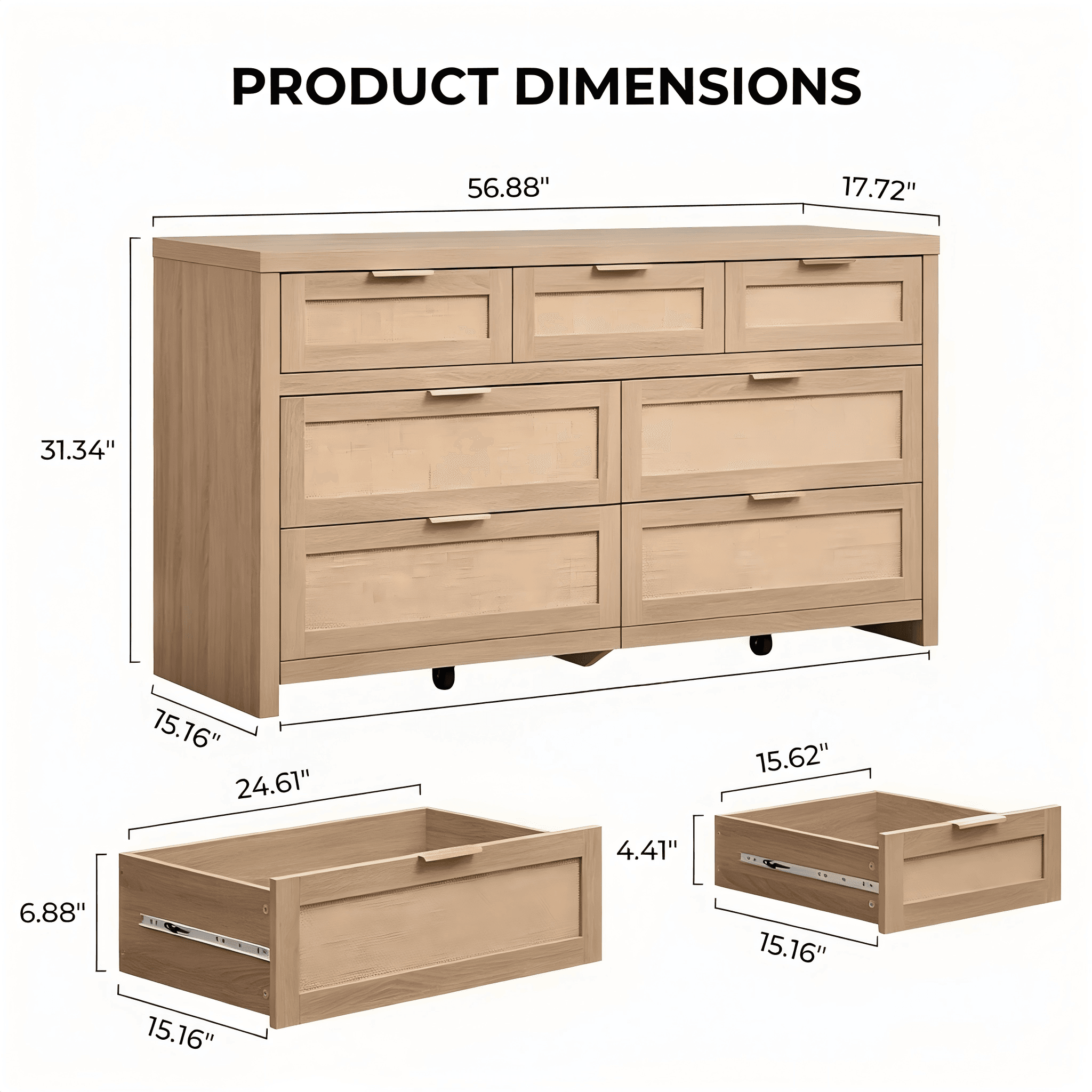 DR007 Cane-Front Seven-Drawer Dresser product dimensions