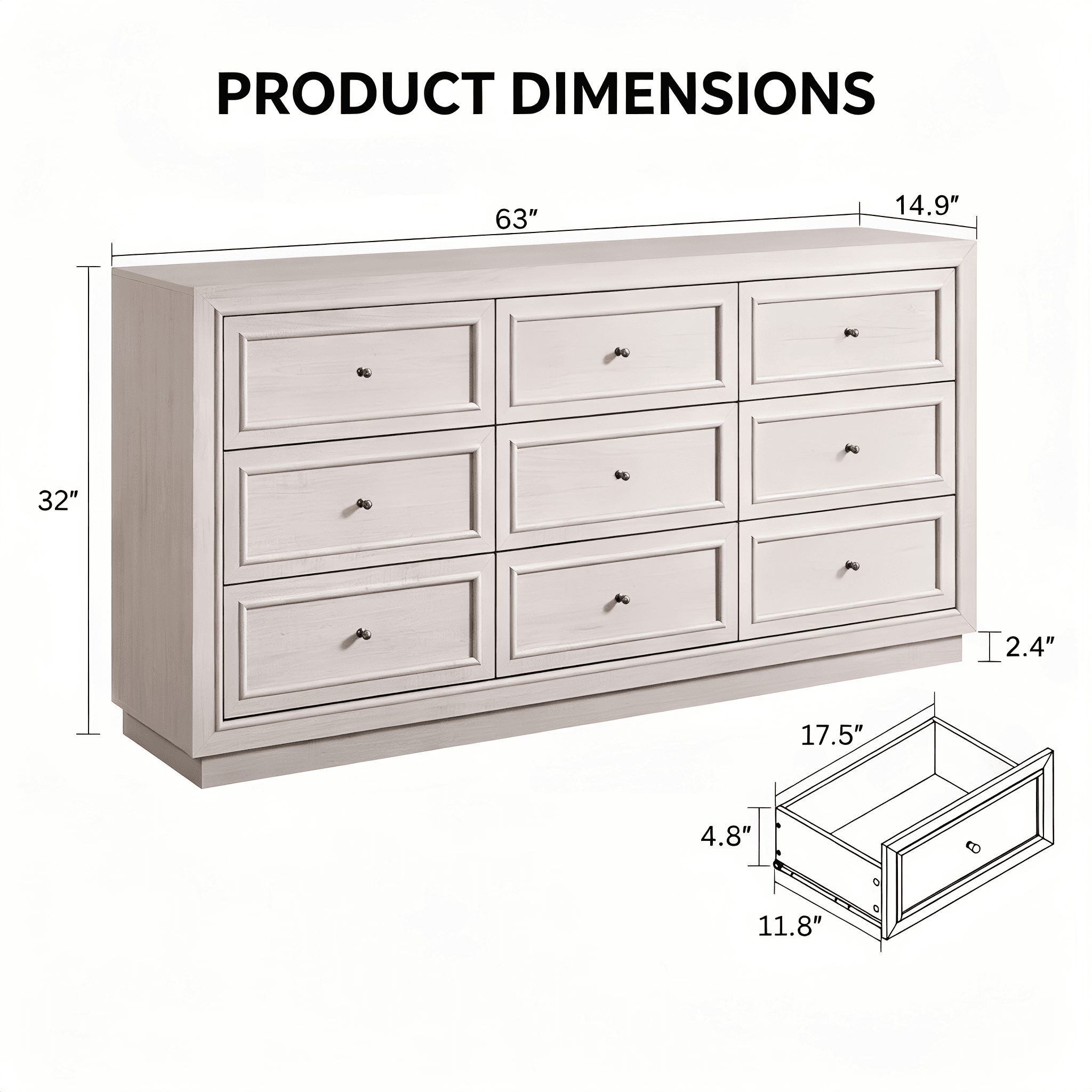 DR009 Nine-Drawer Panel Dresser product dimensions