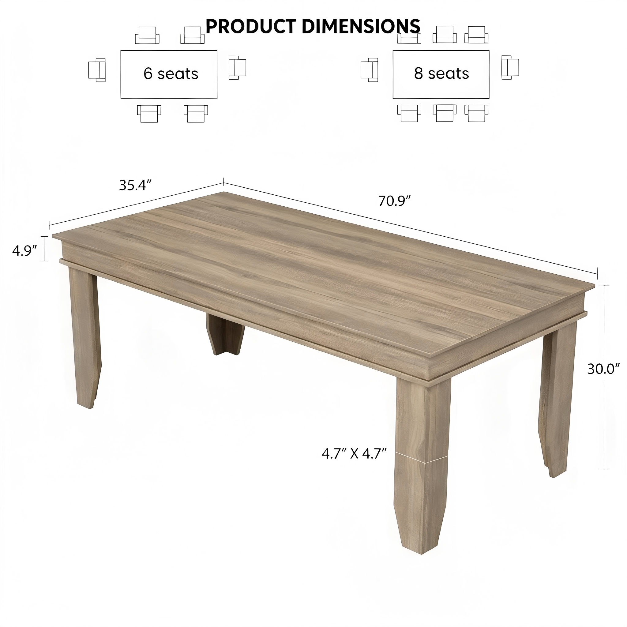 DT002 Rectangular Block-Leg Dining Table product dimensions
