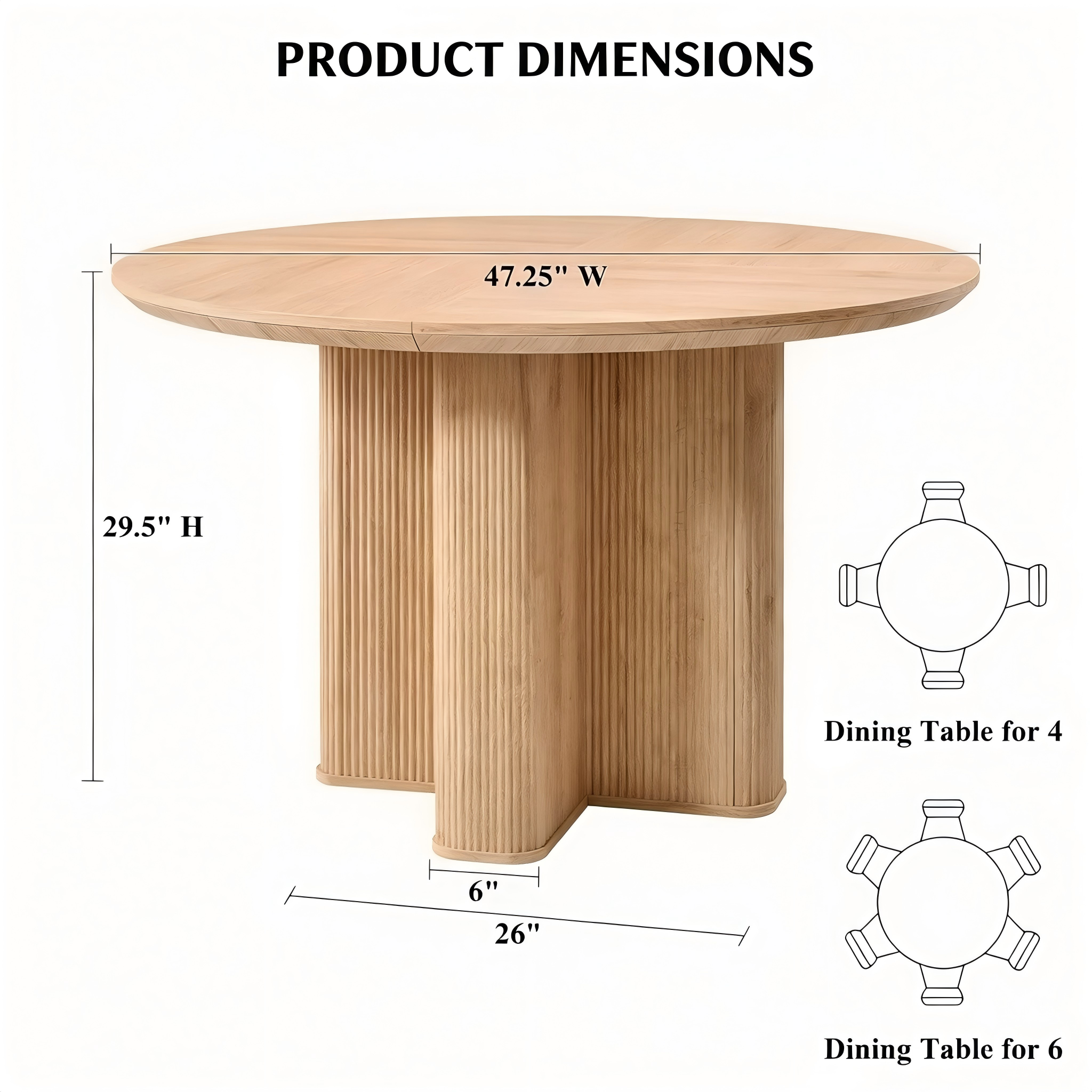 DT006 Round Fluted Pedestal Dining Table product dimensions