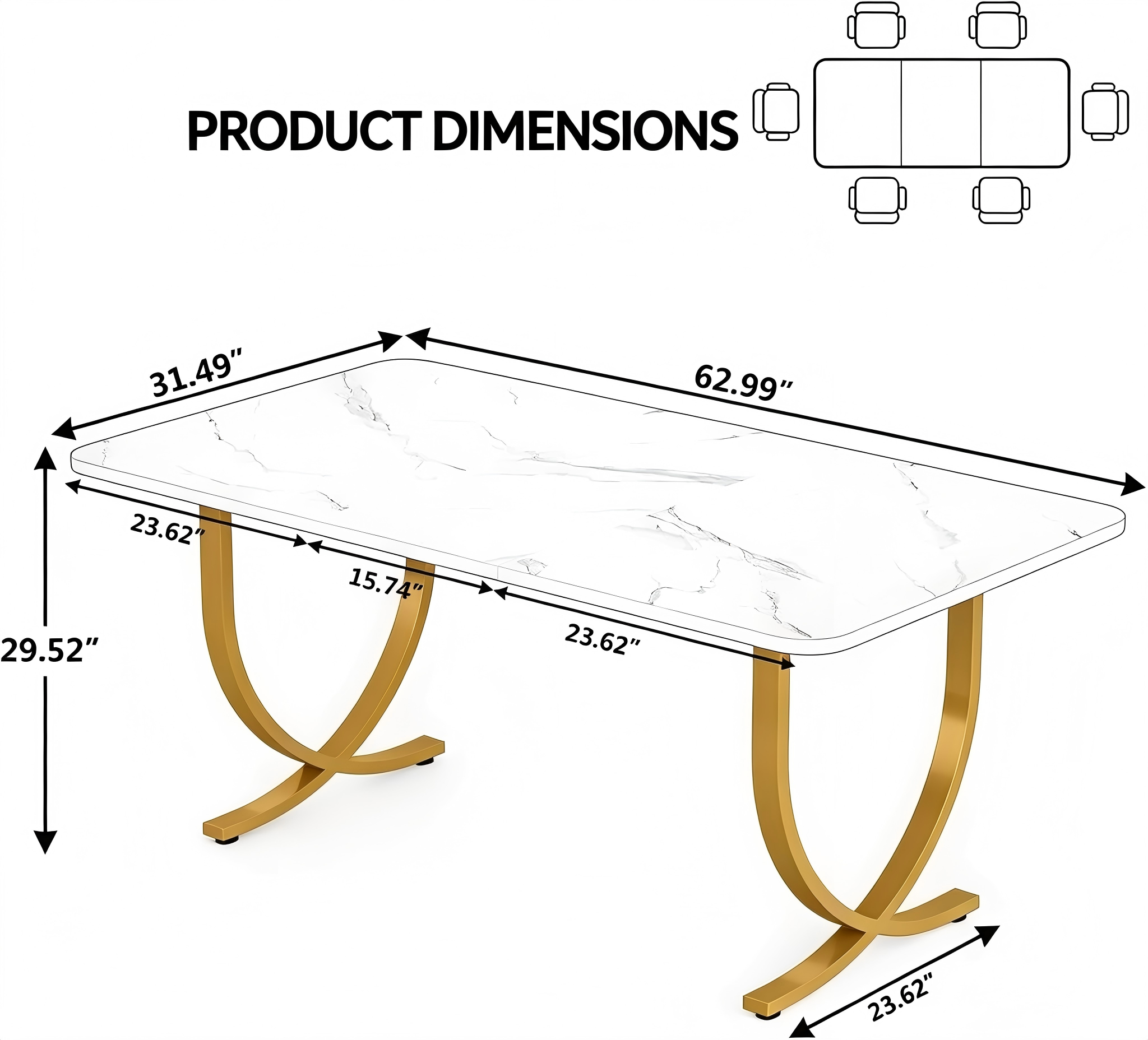 DT010 Marble-Look Dining Table with Gold Arched Legs product dimensions