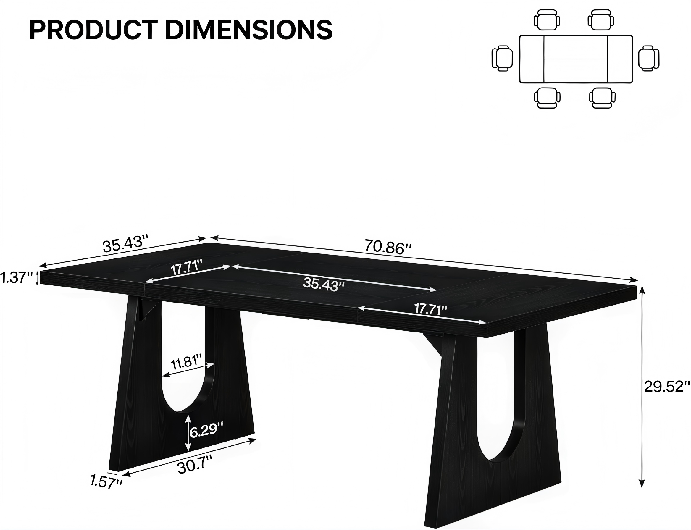 DT012 Modern Wood Dining Table with Black U-Legs product dimensions