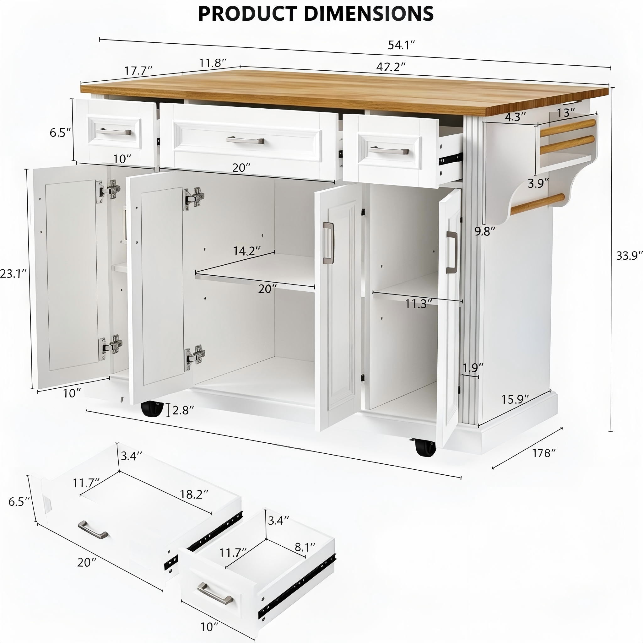 KT008 Rolling Kitchen Island with Drawers and Cabinets product dimensions