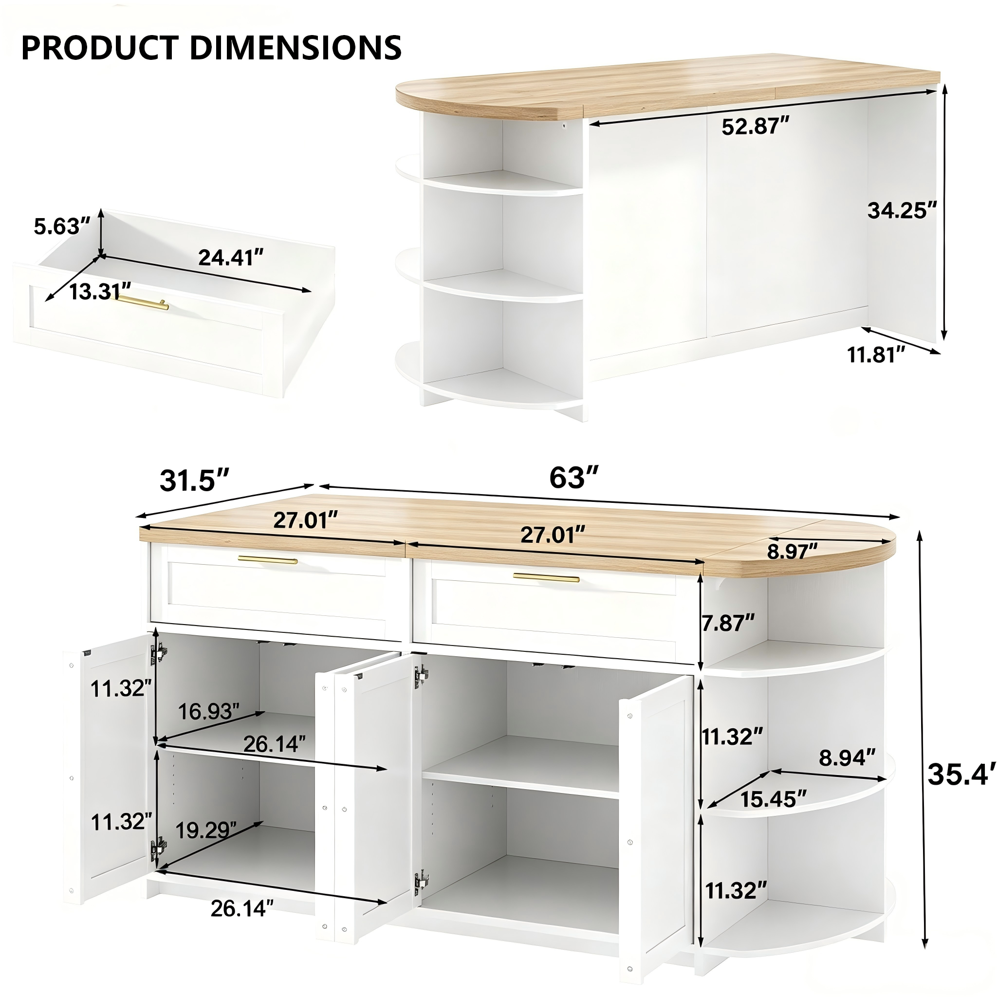 KT001 Kitchen Island with Curved Side Shelves product dimensions