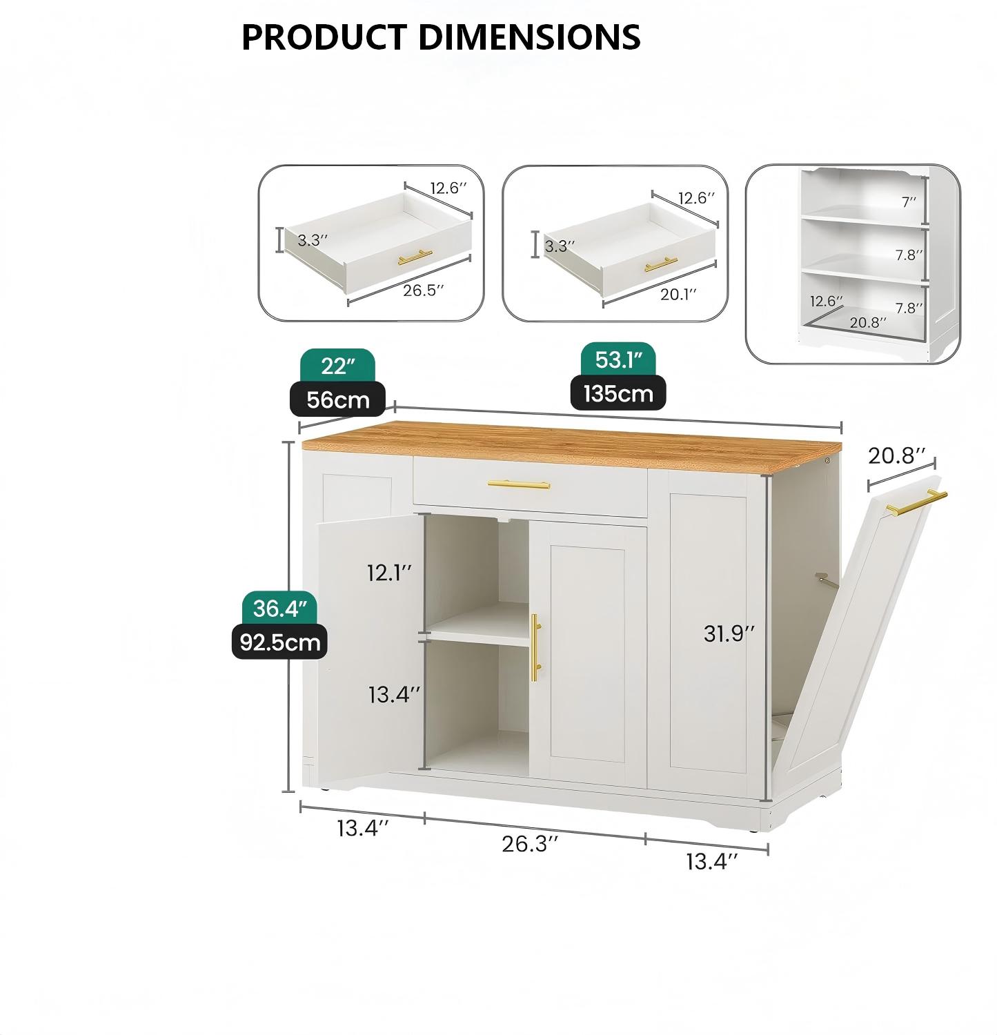 KT002 Kitchen Island with Tilt-Out Waste Bin product dimensions